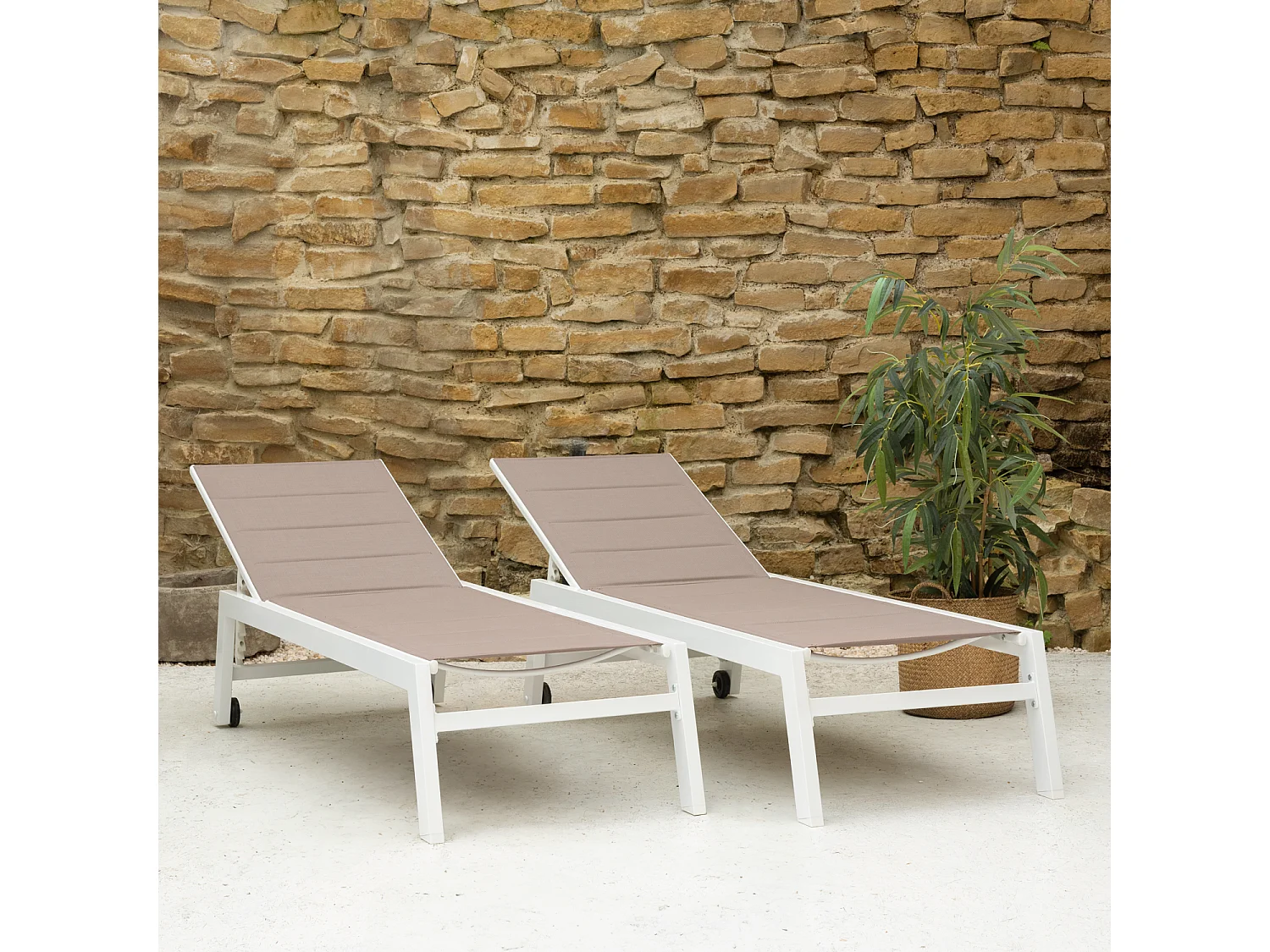 Lot de 2 bains de soleil BARBADOS en textilène taupe - aluminium blanc - HAPPY GARDEN