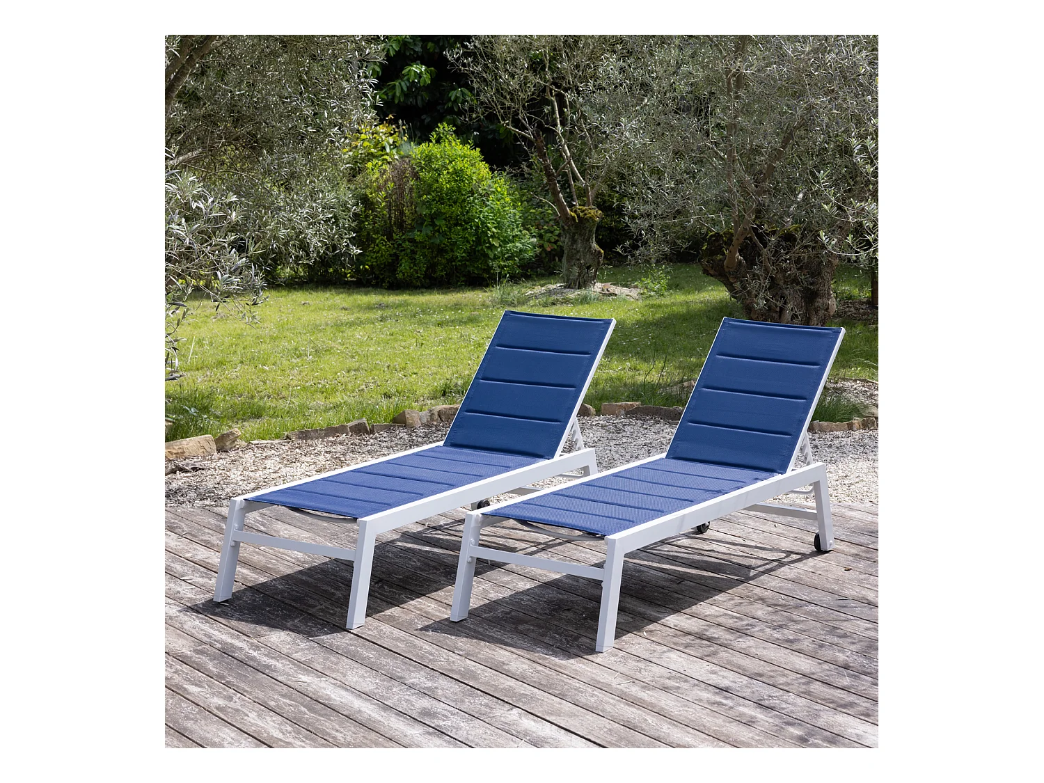 Lot de 2 bains de soleil BARBADOS en textilène bleu - aluminium blanc - HAPPY GARDEN