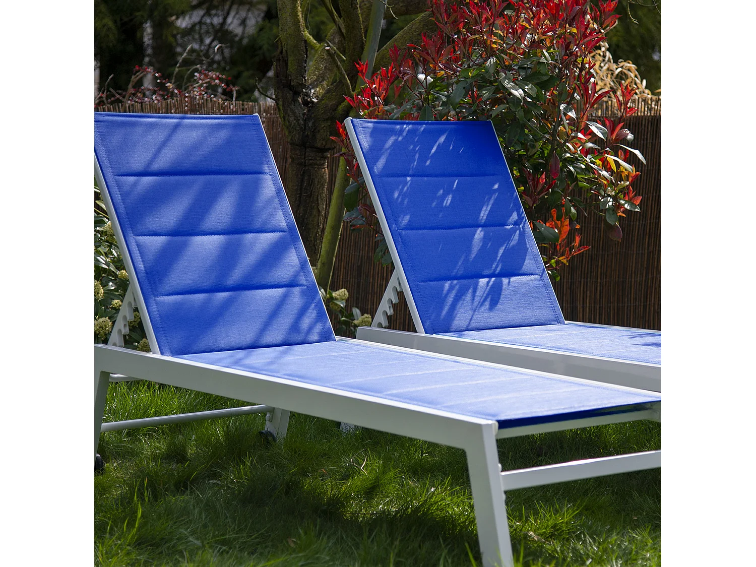 Set van 2 blauwe textilene BARBADOS ligbedden - wit aluminium