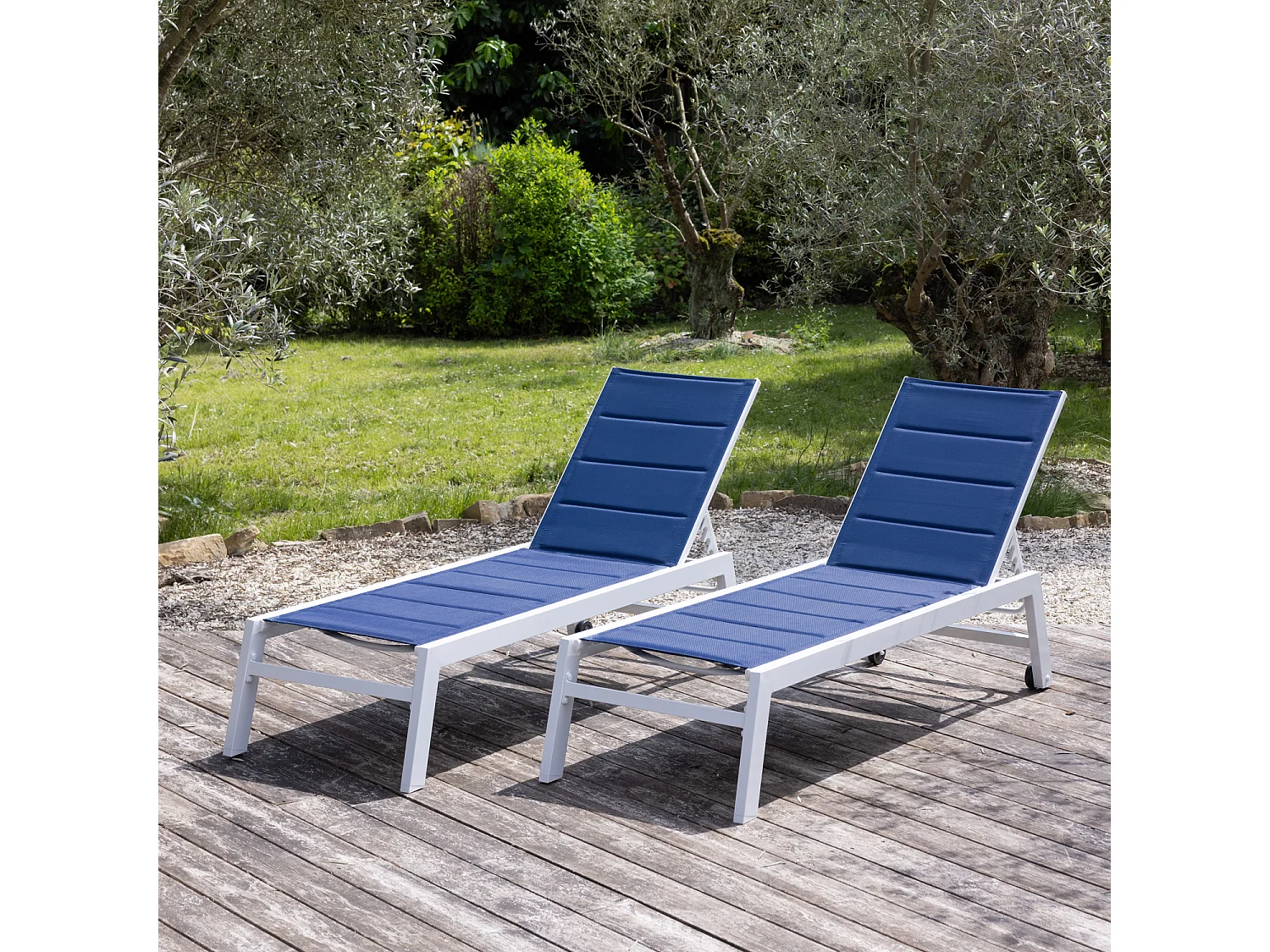 Set van 2 blauwe textilene BARBADOS ligbedden - wit aluminium