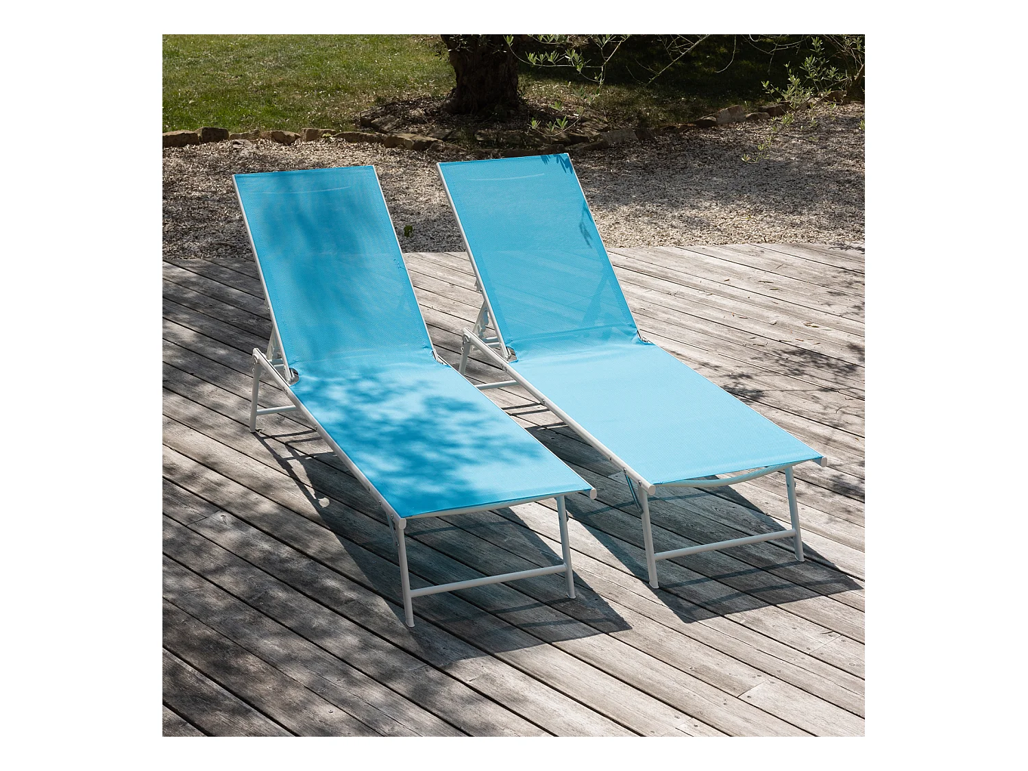Lot de 2 bains de soleil pliants SICILIA en textilène bleu - structure blanche - HAPPY GARDEN