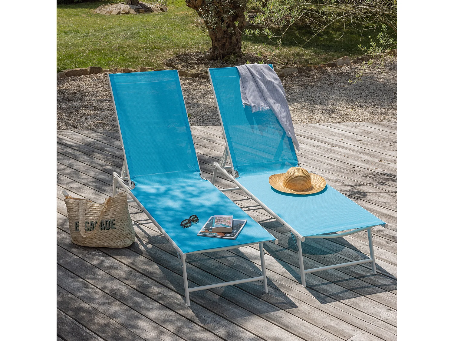 Set van 2 opvouwbare ligbedden SICILIA in blauw textilene - witte structuur