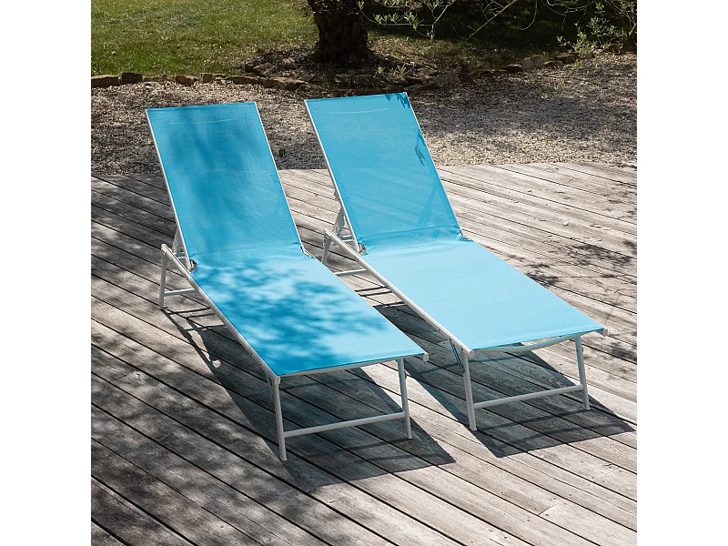 Lot de 2 bains de soleil pliants SICILIA en textilène bleu - structure blanche - HAPPY GARDEN
