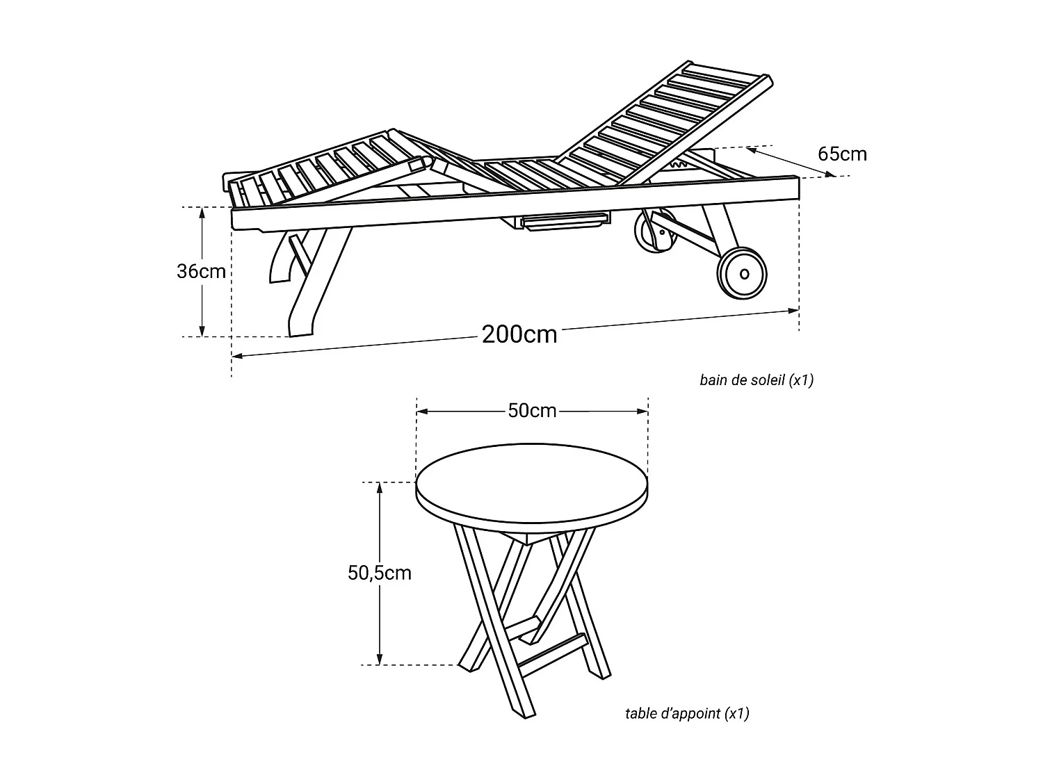 Ensemble bain de soleil pliant en teck avec table d'appoint LOMBOK - HAPPY GARDEN