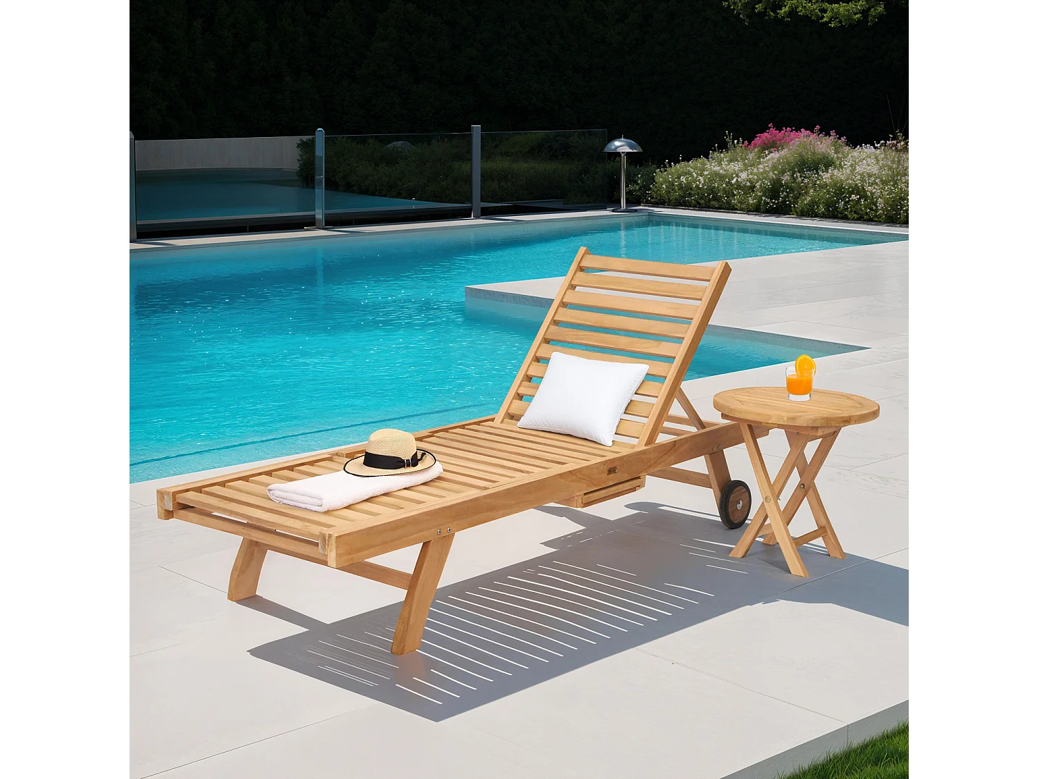 Ensemble bain de soleil pliant en teck avec table d'appoint LOMBOK - HAPPY GARDEN