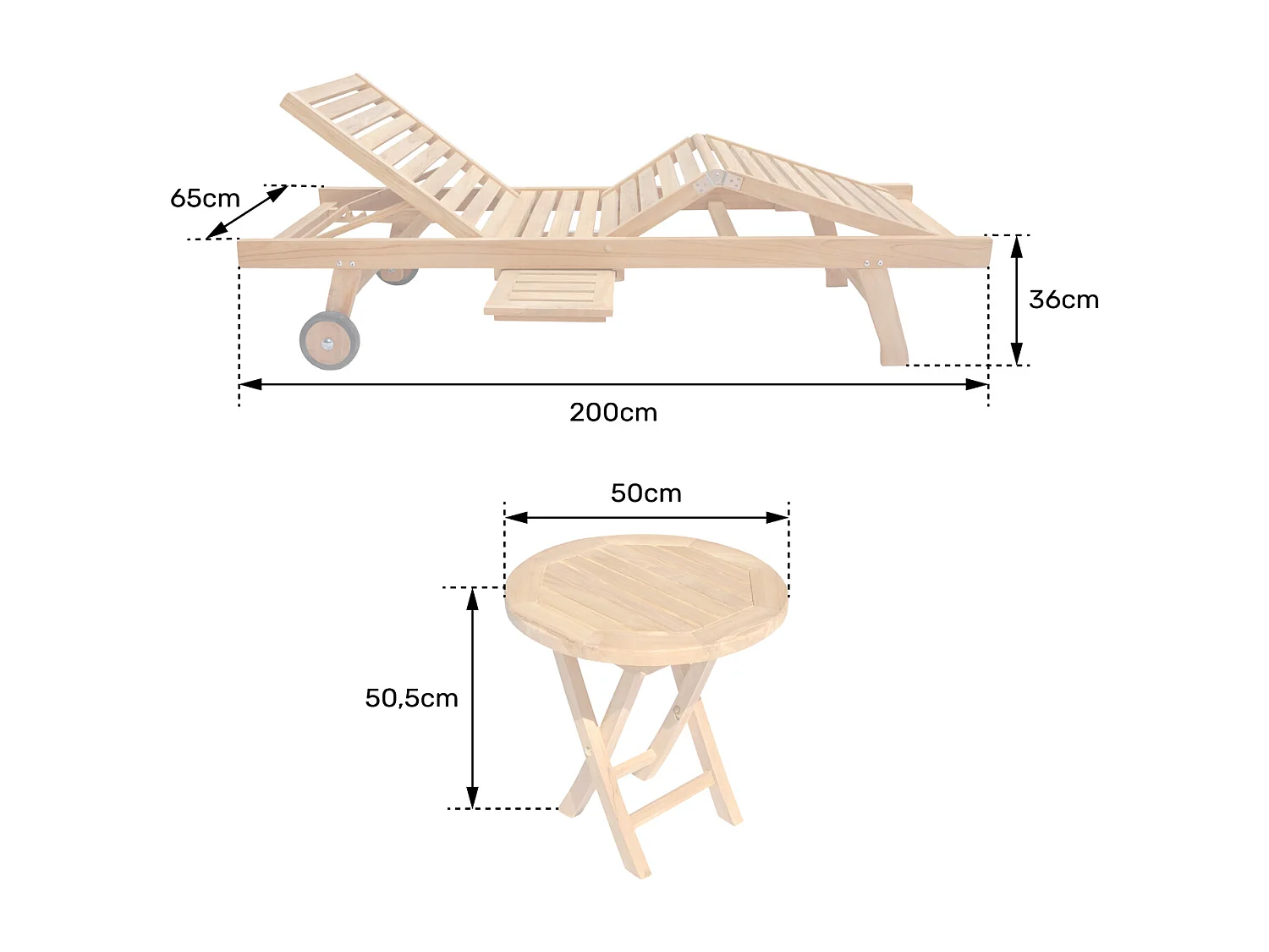 Ensemble bain de soleil pliant en teck avec table d'appoint LOMBOK - HAPPY GARDEN