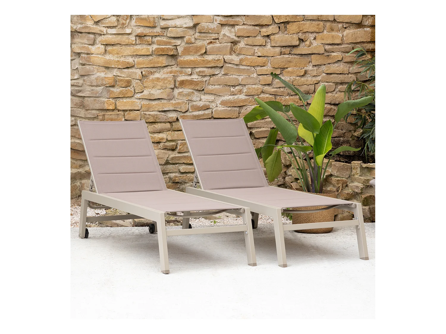 Set van 2 BARBADOS zonnebedden in taupe textilene - taupe aluminium