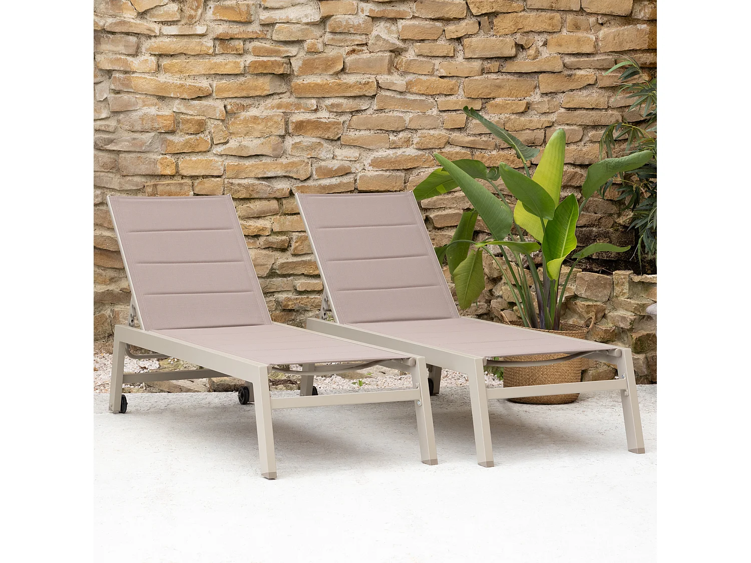 Set van 2 BARBADOS zonnebedden in taupe textilene - taupe aluminium