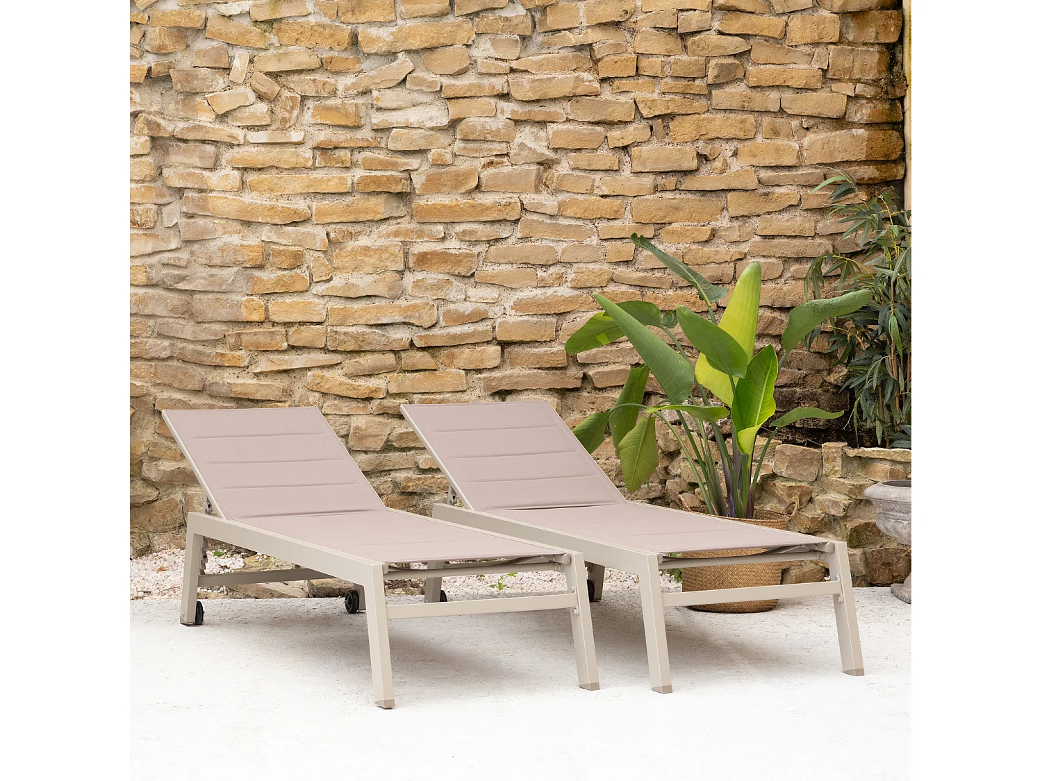 Lot de 2 bains de soleil BARBADOS en textilène taupe - aluminium taupe - HAPPY GARDEN