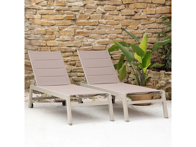 Lot de 2 bains de soleil BARBADOS en textilène taupe - aluminium taupe - HAPPY GARDEN