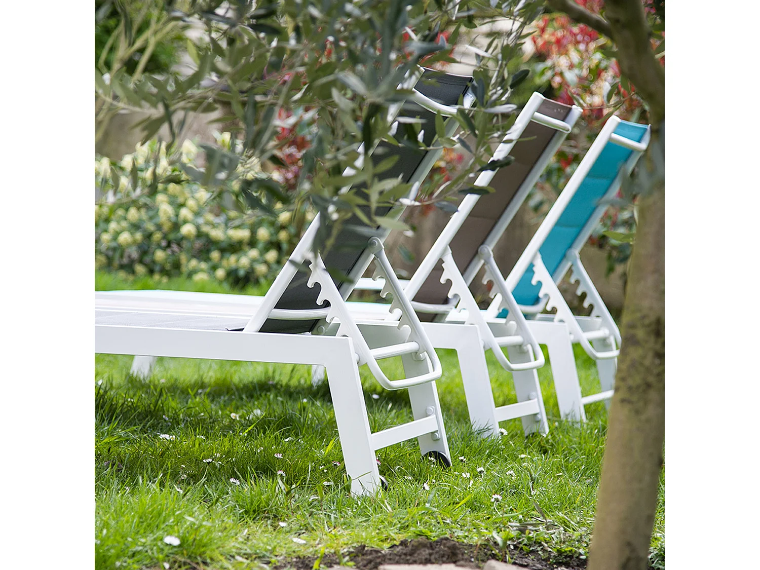 Bain de soleil BARBADOS en textilène gris - aluminium blanc - HAPPY GARDEN