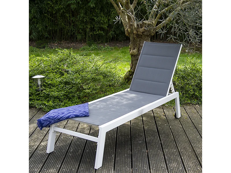 Bain de soleil BARBADOS en textilène gris - aluminium blanc - HAPPY GARDEN