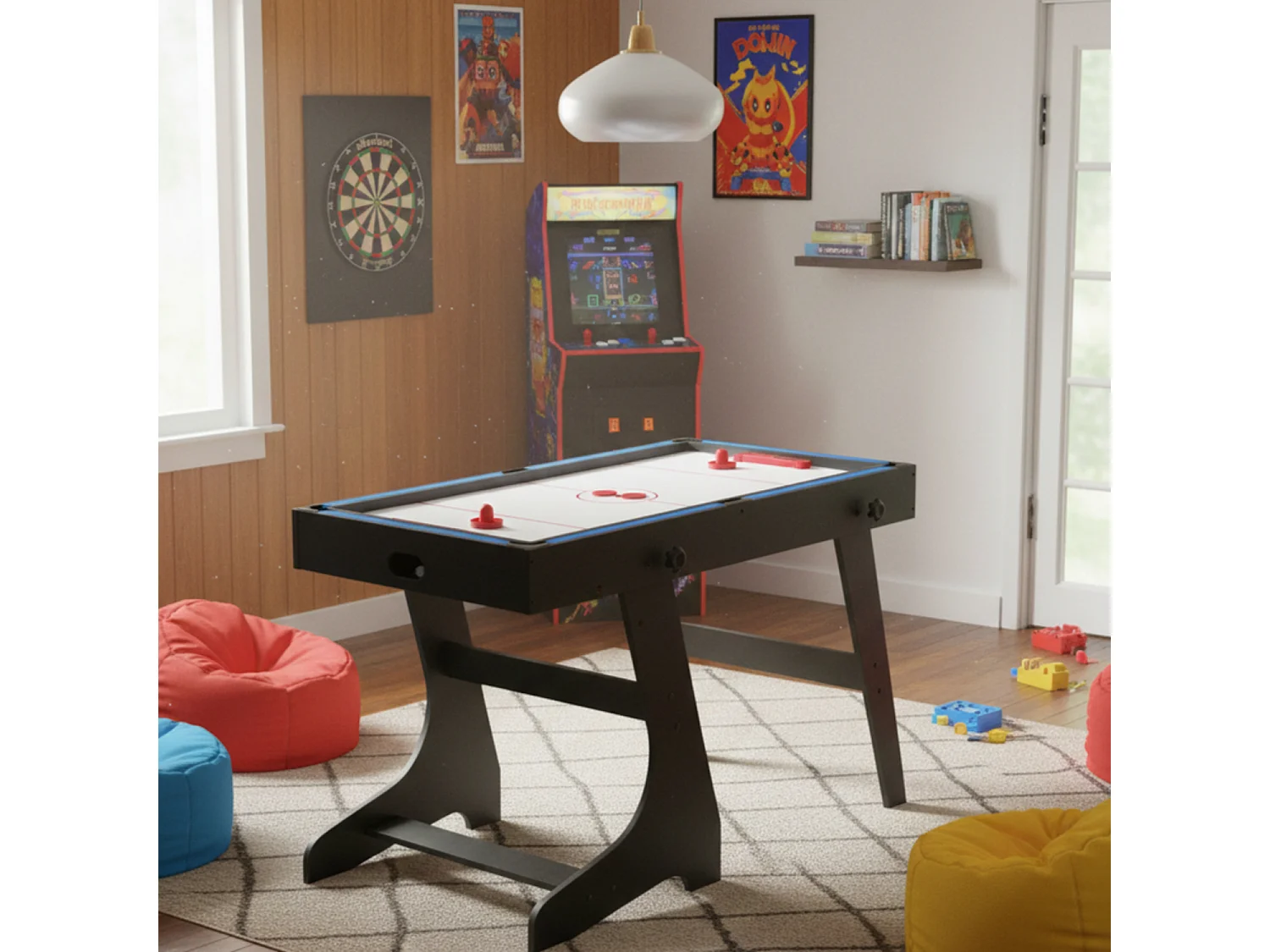 Mesa multi-jogos 4 em 1 para crianças - Matraquilhos, Bilhar, Ténis de mesa, Air-hockey