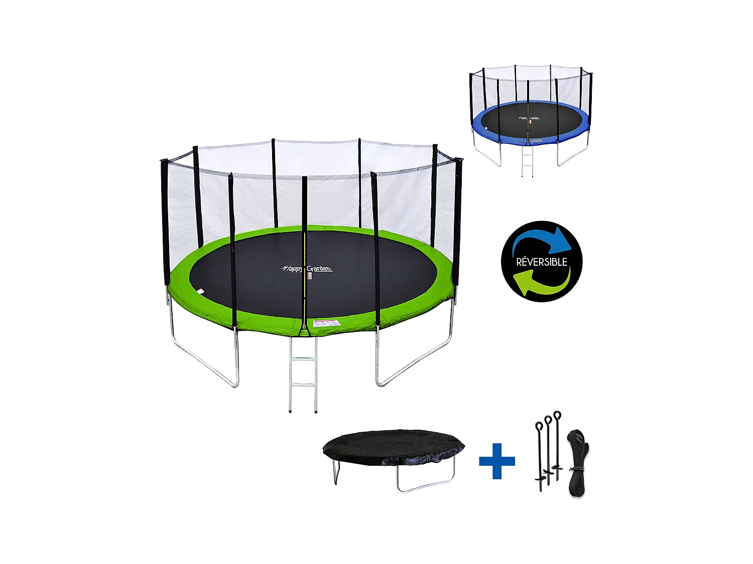 Trampoline 430cm réversible vert / bleu MELBOURNE + filet, échelle, bâche et kit d'ancrage - HAPPY GARDEN