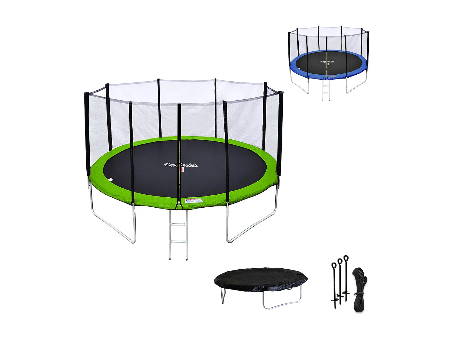 Cama elástica de 430cm reversible verde/azul, Pack trampolín MELBOURNE + red de seguridad + escalera + lona + kit de anclaje. - HAPPY GARDEN