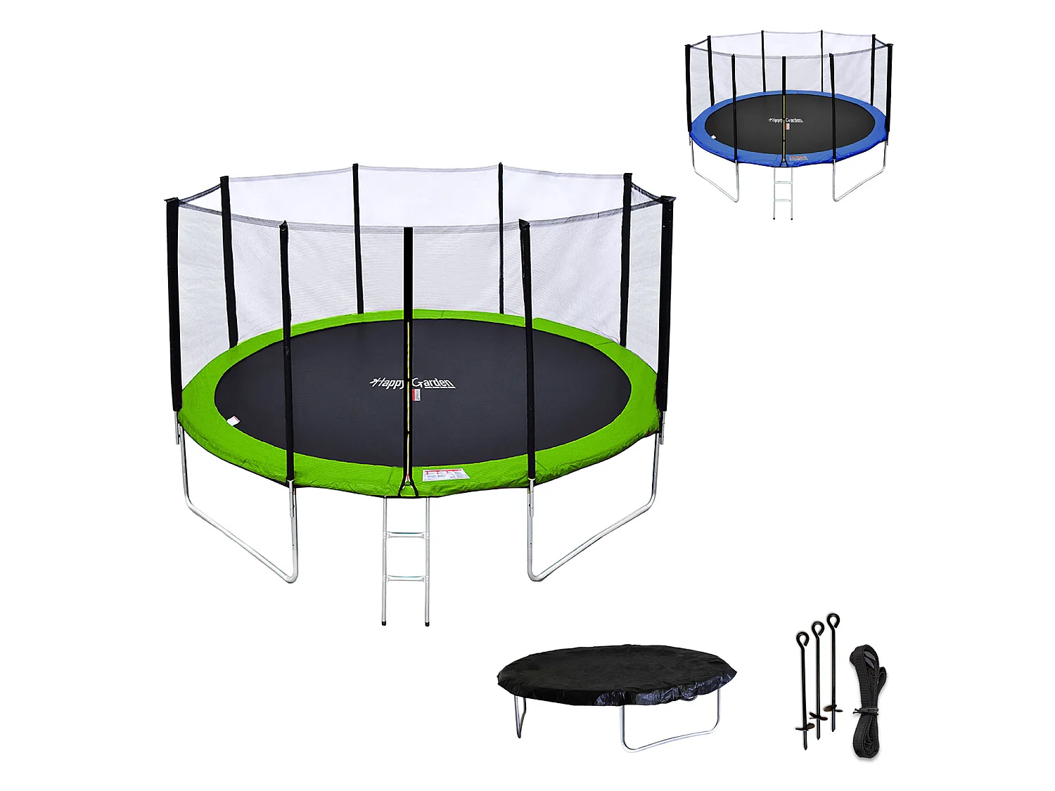Trampoline 430cm réversible vert / bleu MELBOURNE + filet, échelle, bâche et kit d'ancrage - HAPPY GARDEN