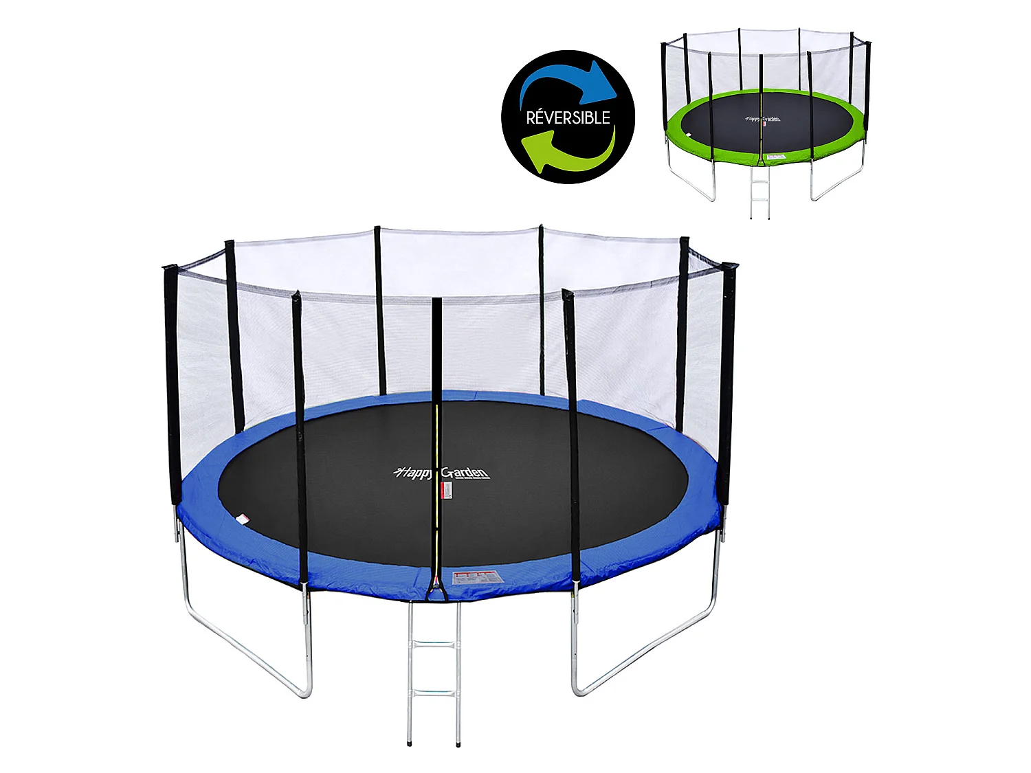 Trampoline 430cm réversible vert / bleu MELBOURNE + filet, échelle, bâche et kit d'ancrage - HAPPY GARDEN
