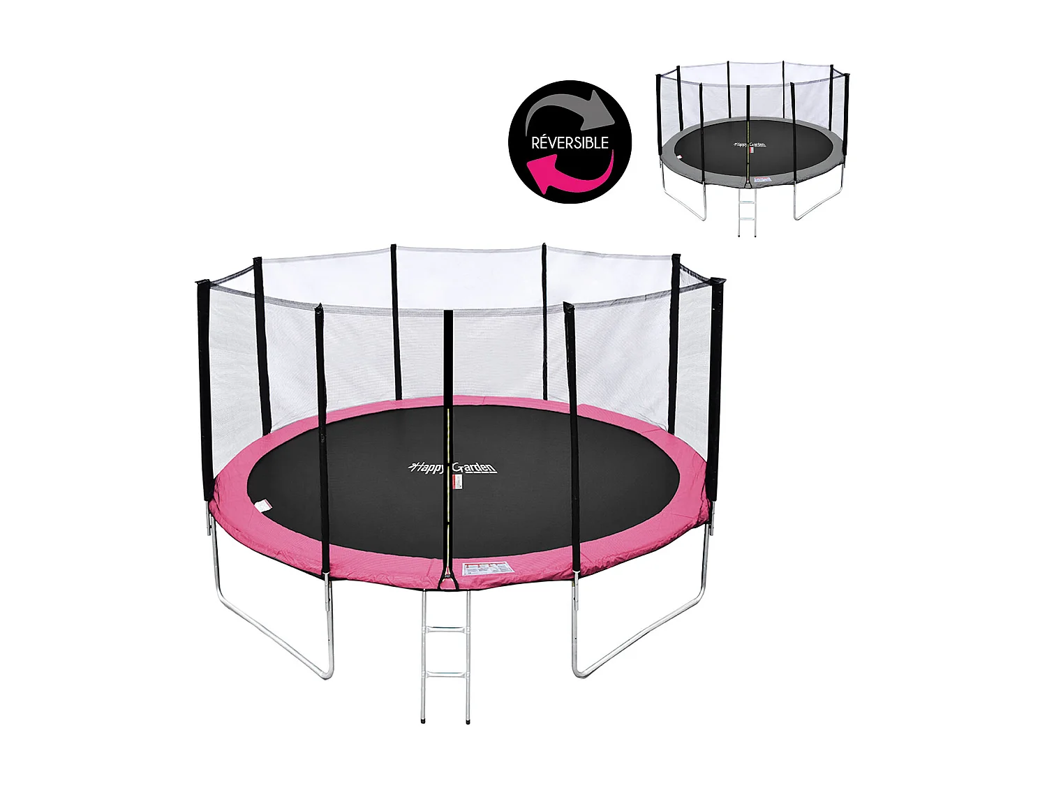 Cama elástica de 370cm reversible gris/rosa, Pack trampolín PERTH + red de seguridad + escalera + lona + kit de anclaje.