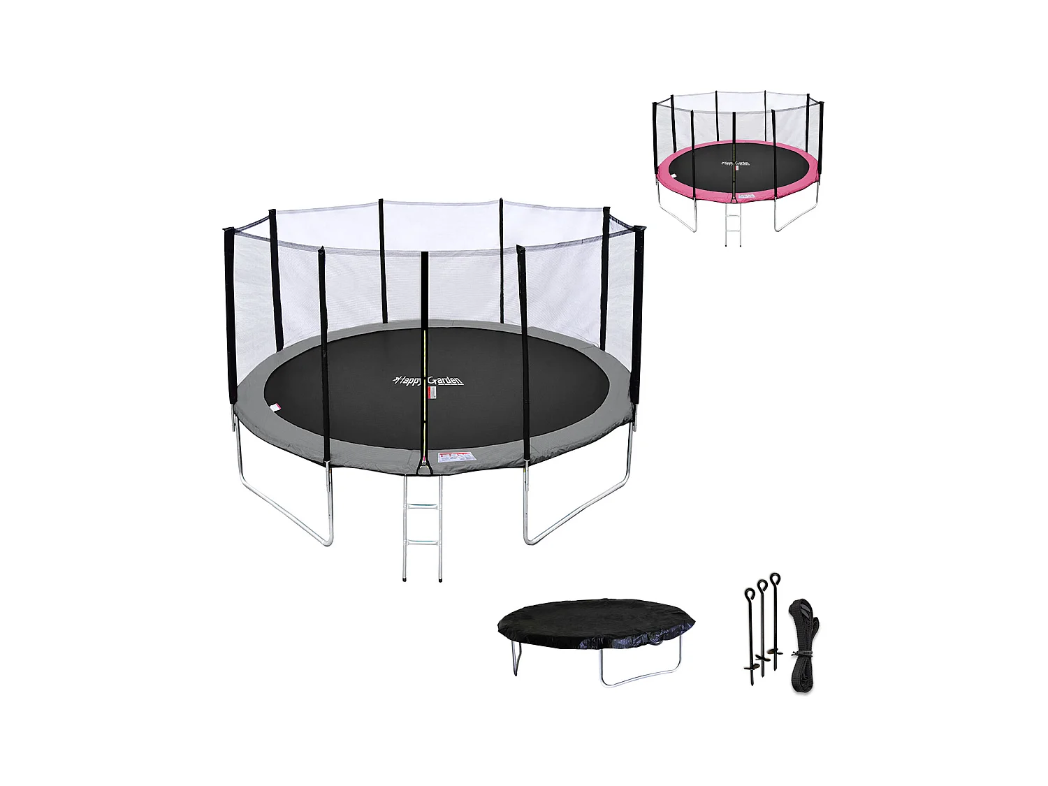 Trampoline 370cm réversible gris / rose PERTH + filet, échelle, bâche et kit d'ancrage - HAPPY GARDEN