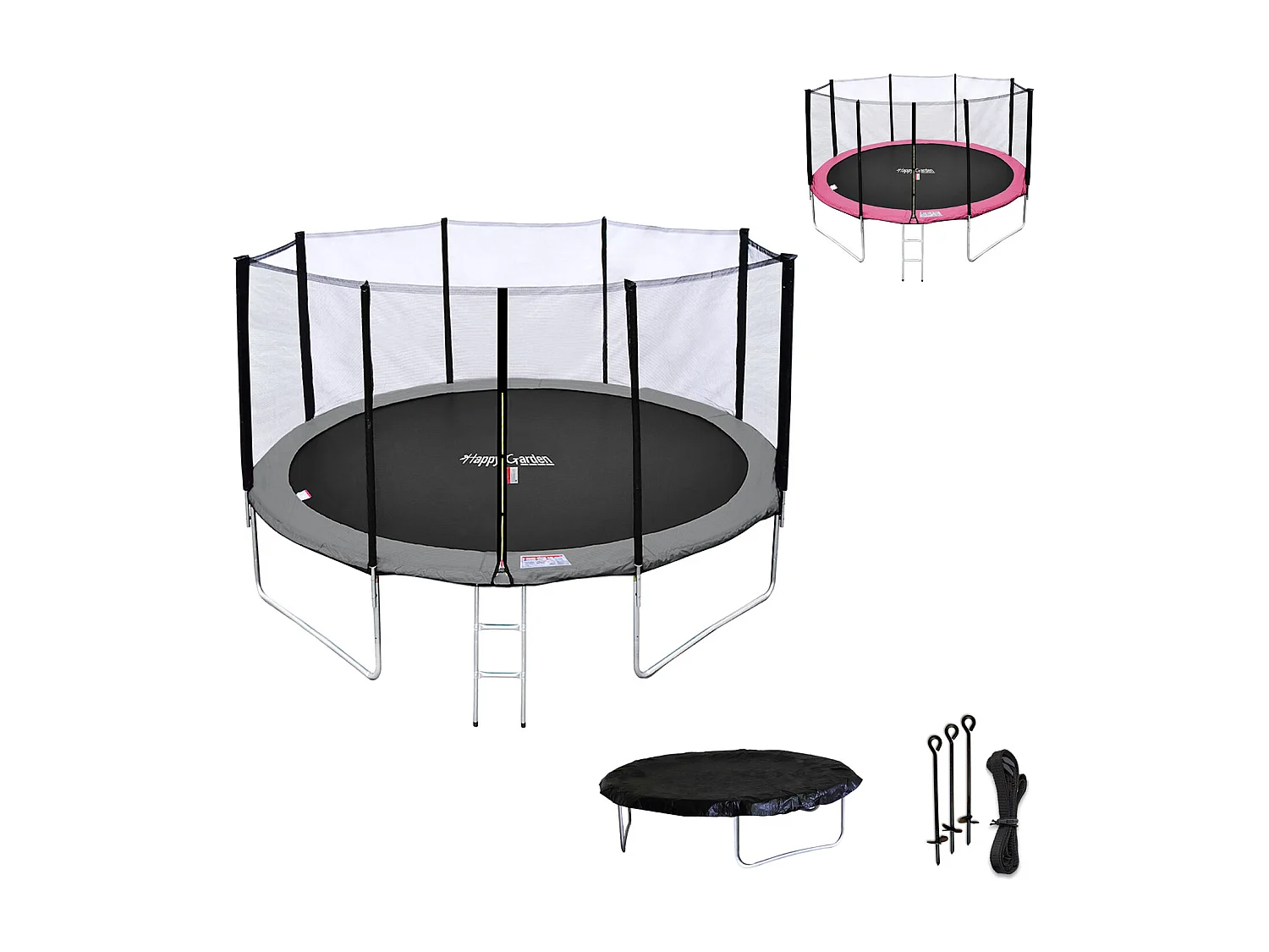 Trampoline 370cm réversible gris / rose PERTH + filet, échelle, bâche et kit d'ancrage - HAPPY GARDEN
