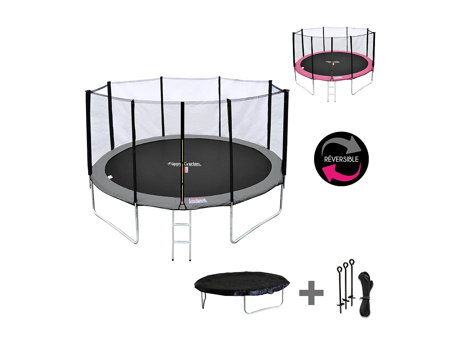 Cama elástica de 370cm reversible gris/rosa, Pack trampolín PERTH + red de seguridad + escalera + lona + kit de anclaje.