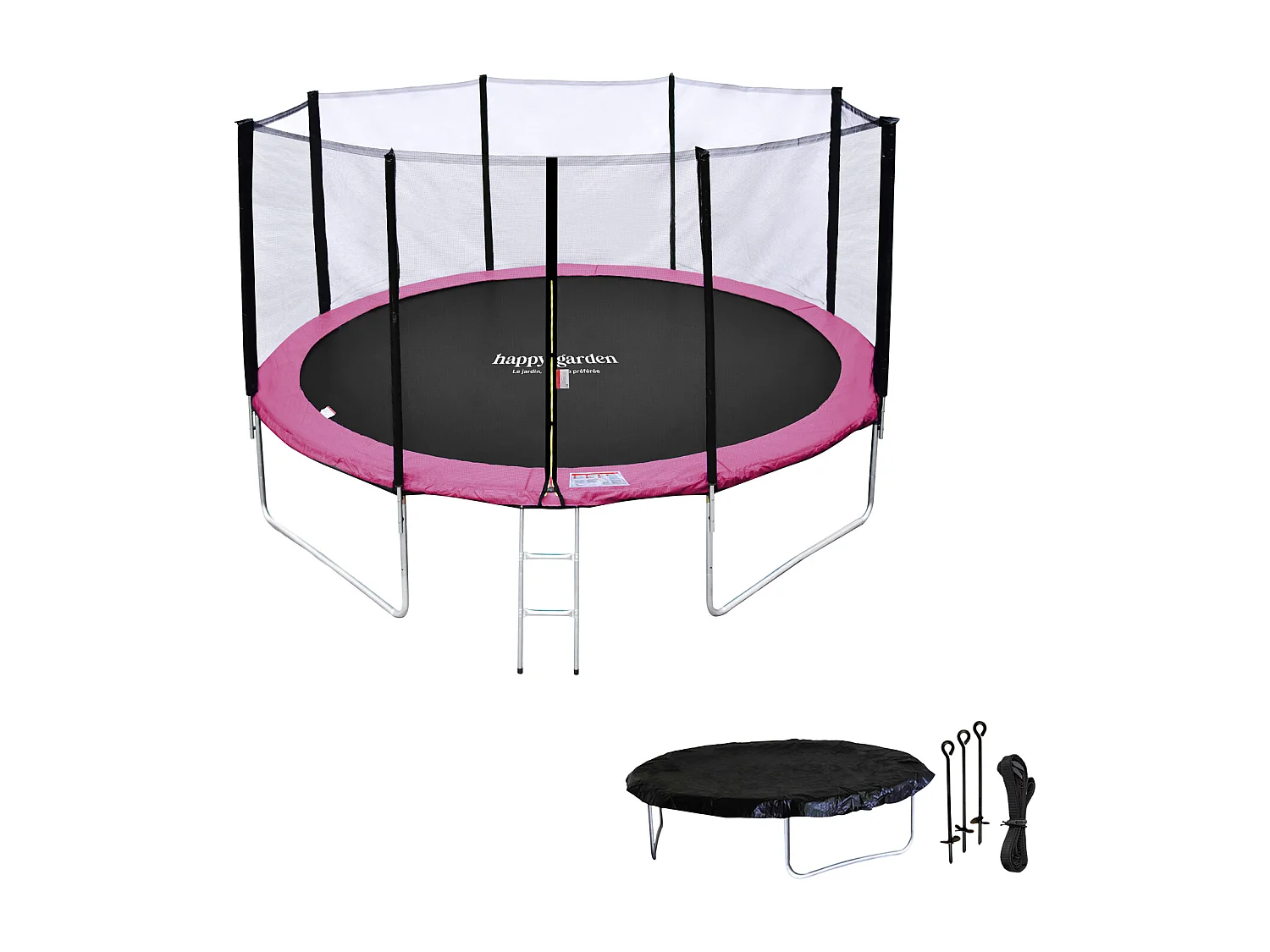 Cama elástica de 370cm reversible gris/rosa, Pack trampolín PERTH + red de seguridad + escalera + lona + kit de anclaje.