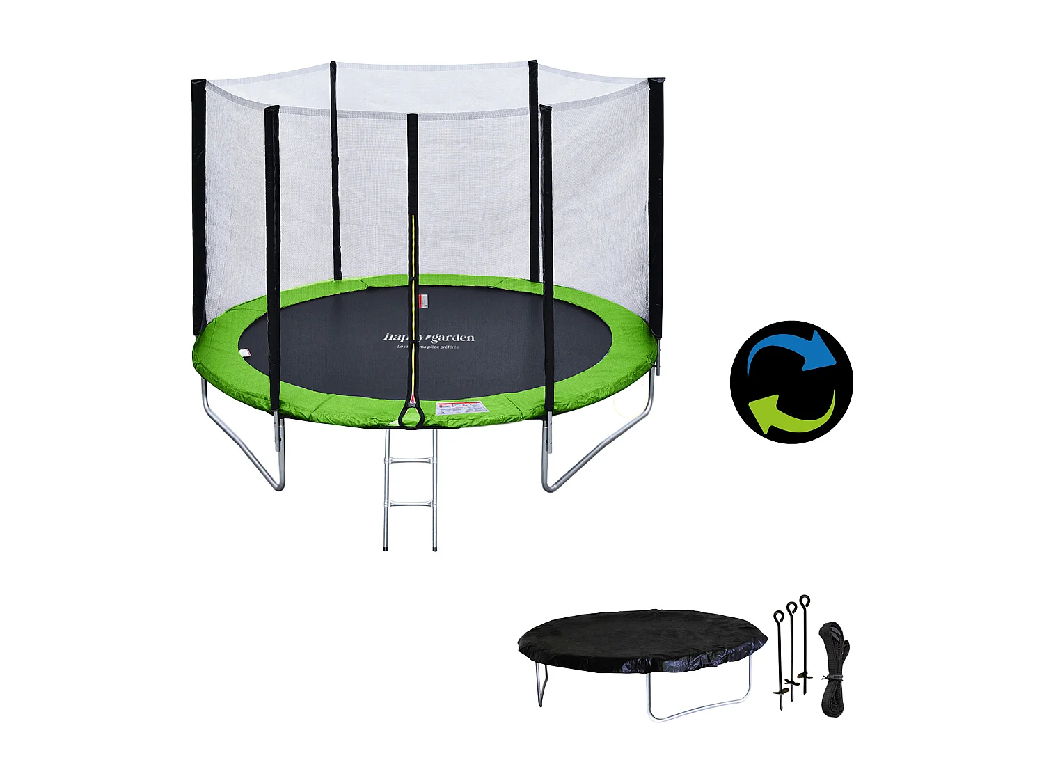 Premium Pack Trampolin 180cm wendbar grün / blau CAIRNS + Netz, Leiter, Plane und Verankerungsset