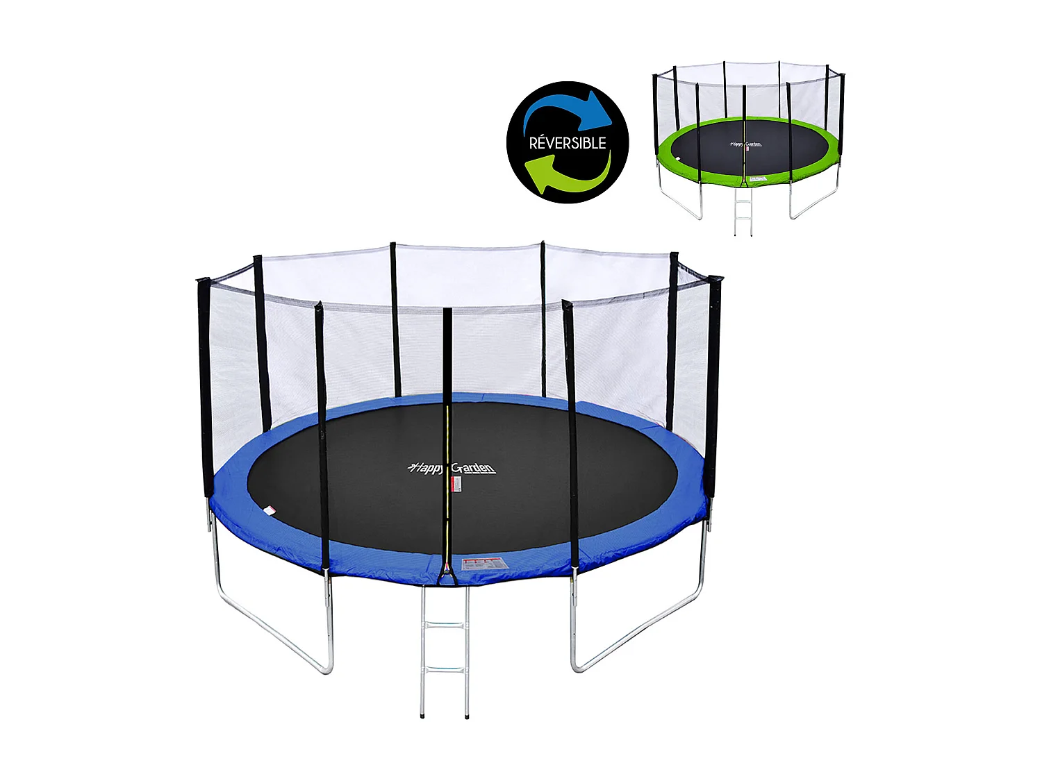 Cama elástica de 370cm reversible verde/azul, Pack trampolín PERTH + red de seguridad + escalera + lona + kit de anclaje.