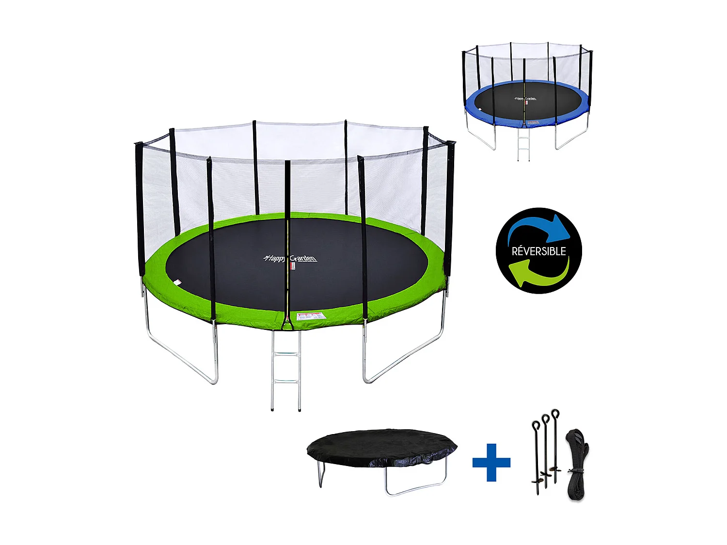 Cama elástica de 370cm reversible verde/azul, Pack trampolín PERTH + red de seguridad + escalera + lona + kit de anclaje.