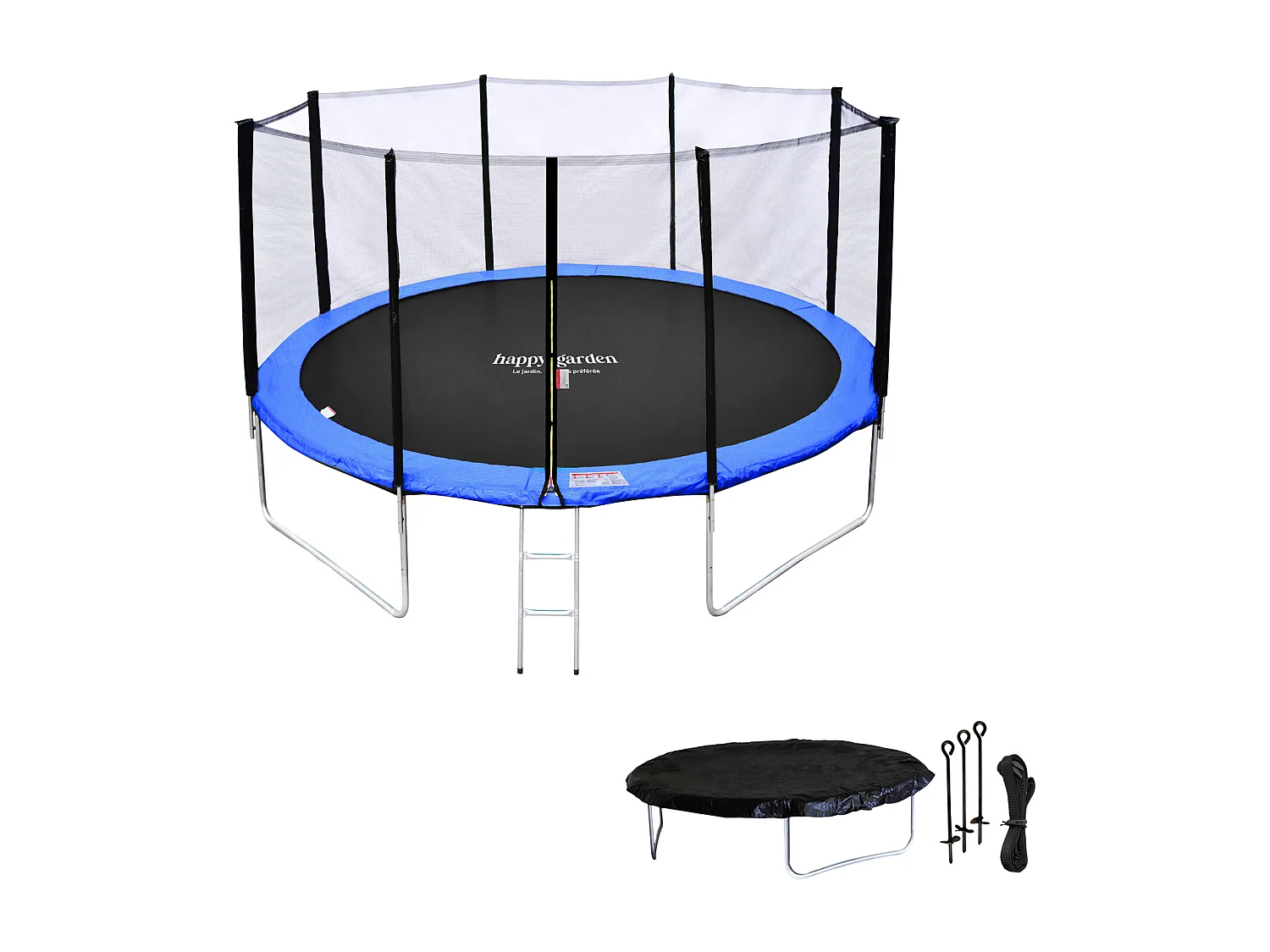 Cama elástica de 370cm reversible verde/azul, Pack trampolín PERTH + red de seguridad + escalera + lona + kit de anclaje.