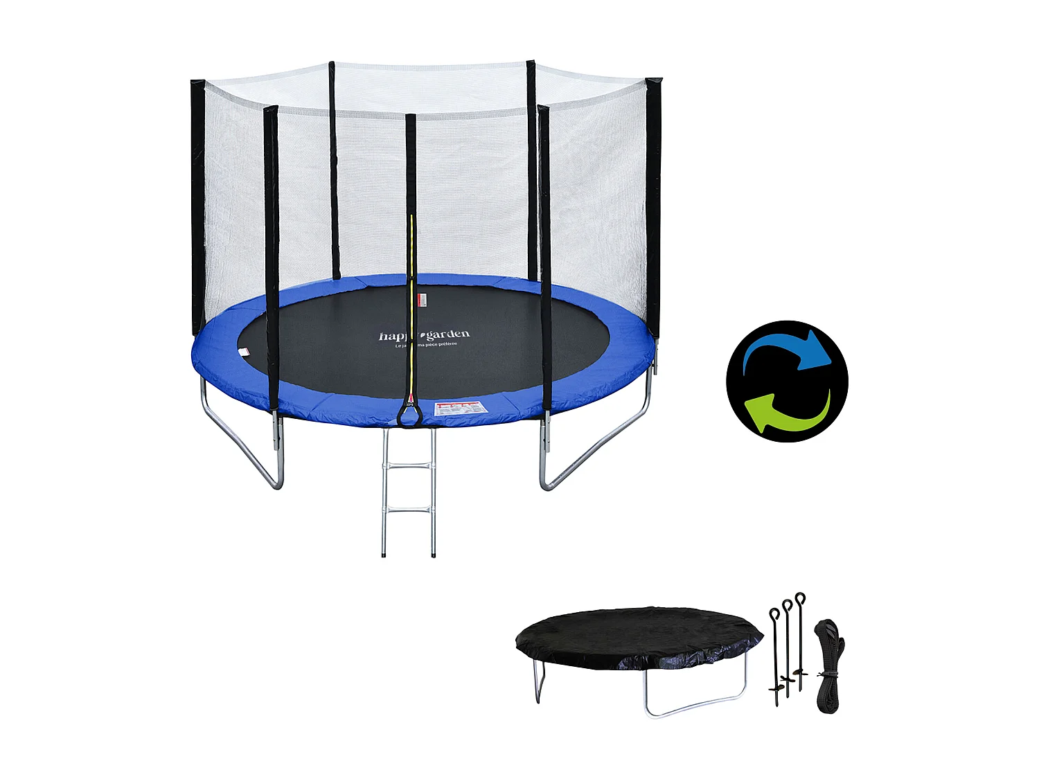 Trampoline 180cm réversible bleu / vert CAIRNS + filet, échelle, bâche et kit d'ancrage - HAPPY GARDEN