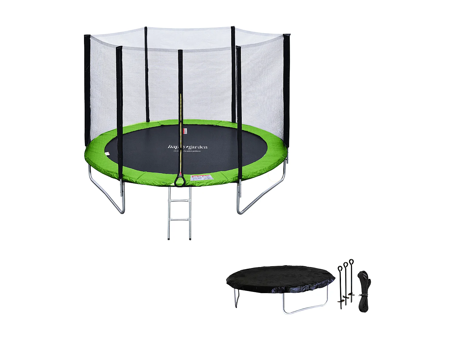 Trampoline 180cm omkeerbaar blauw/groen CAIRNS + net, ladder, hoes en verankeringsset