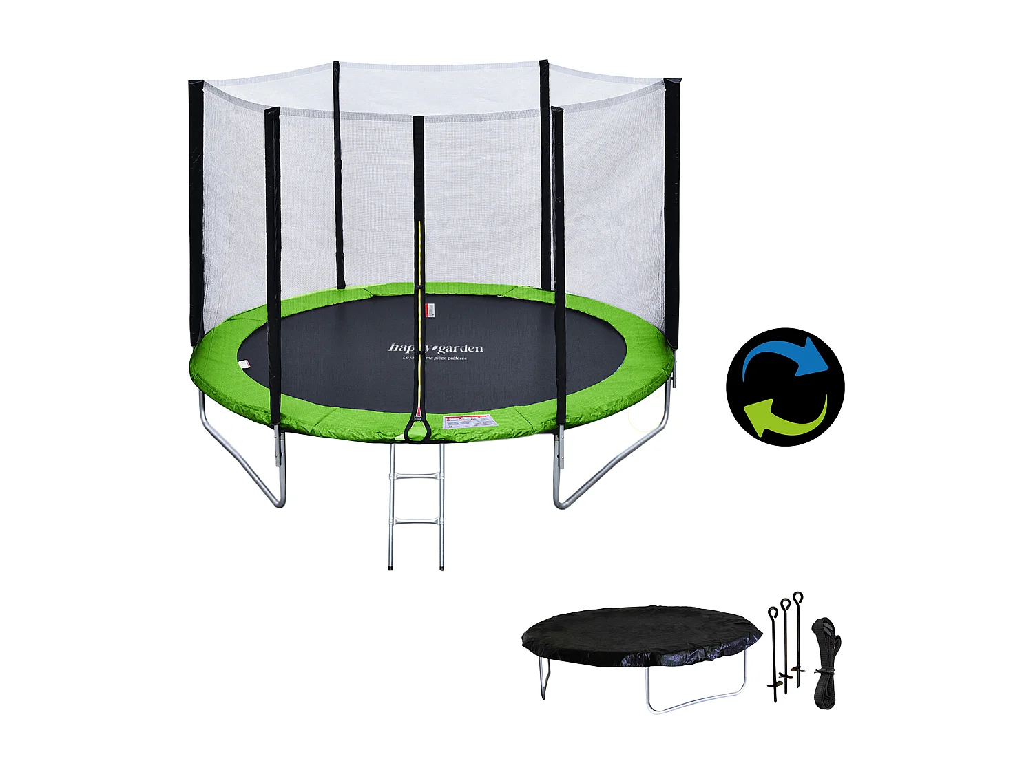 Pack Premium Trampolín 245cm reversible verde / azul CANBERRA + red, escalera, funda y kit de anclaje - HAPPY GARDEN