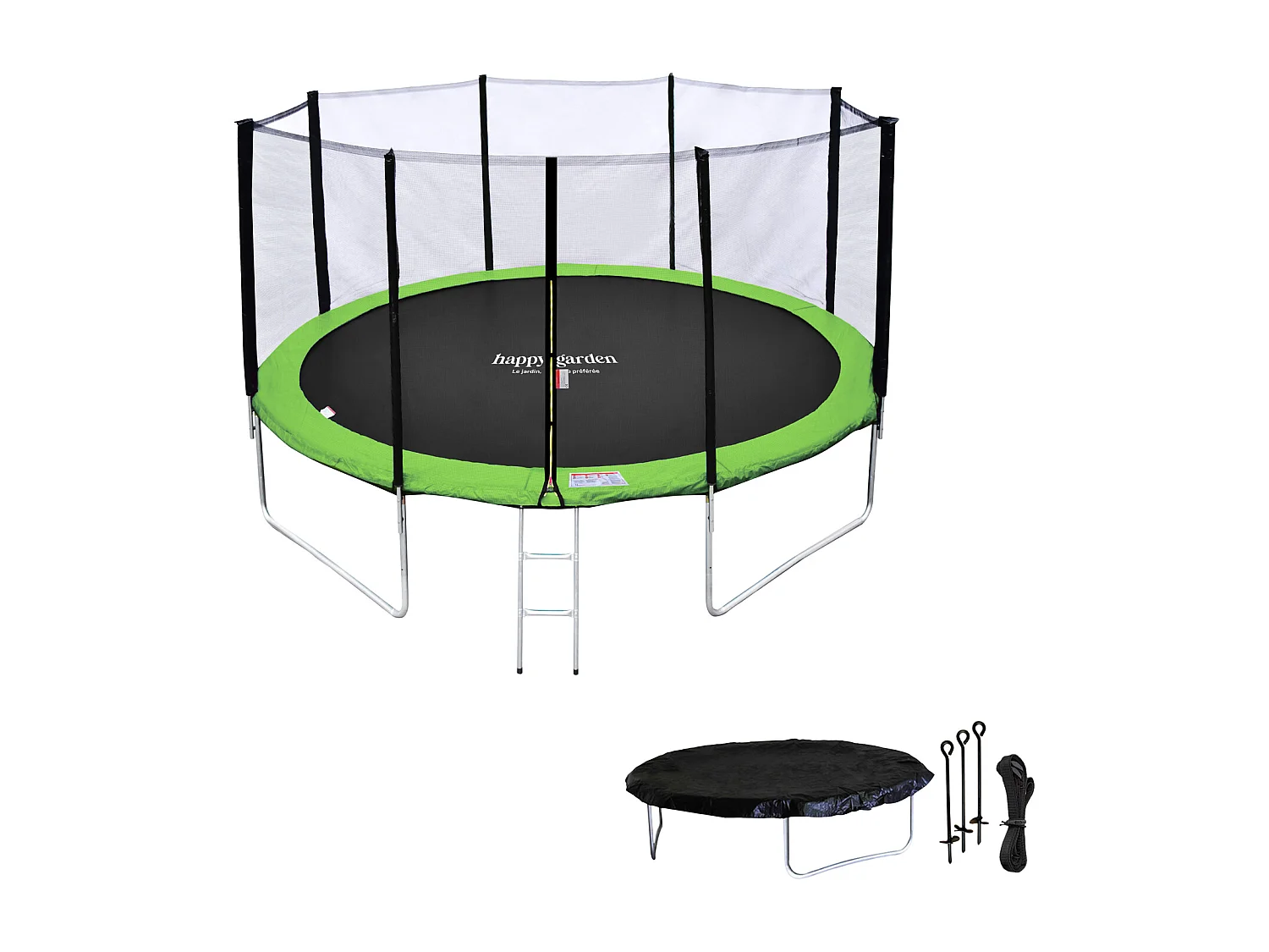 Cama elástica de 370cm reversible azul/verde, Pack trampolín PERTH + red de seguridad + escalera + lona + kit de anclaje.