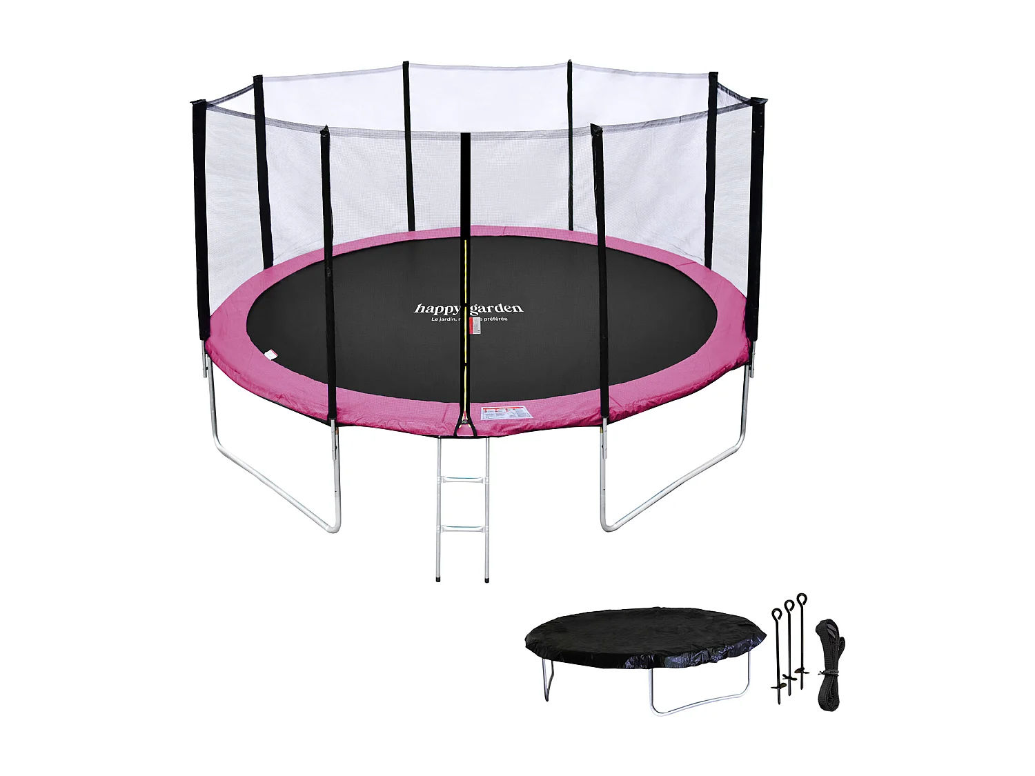 Trampoline 430cm réversible gris / rose MELBOURNE + filet, échelle, bâche et kit d'ancrage - HAPPY GARDEN