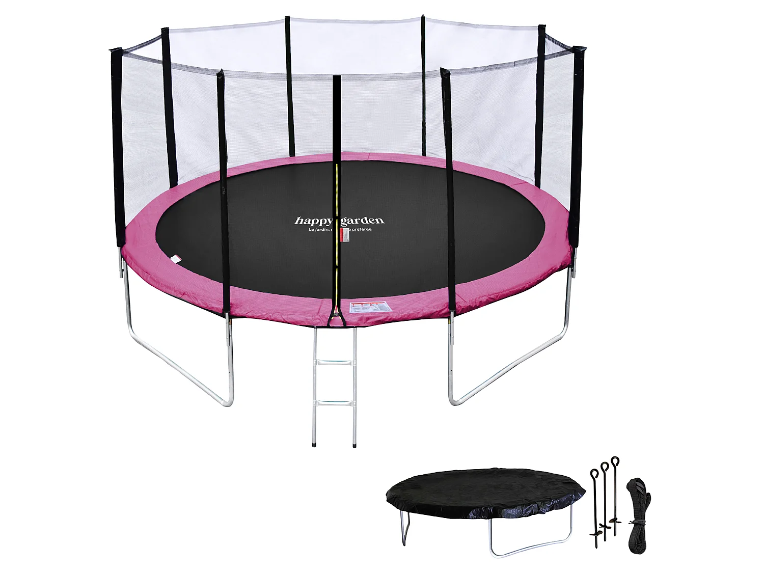 Trampoline 430cm réversible gris / rose MELBOURNE + filet, échelle, bâche et kit d'ancrage - HAPPY GARDEN