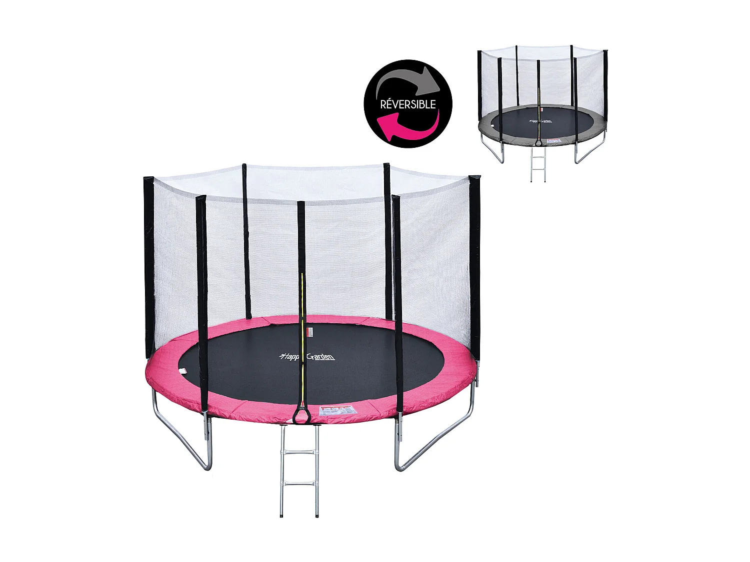 Pack Premium Trampolín 245cm reversible gris / rosa CANBERRA + red, escalera, funda y kit de anclaje