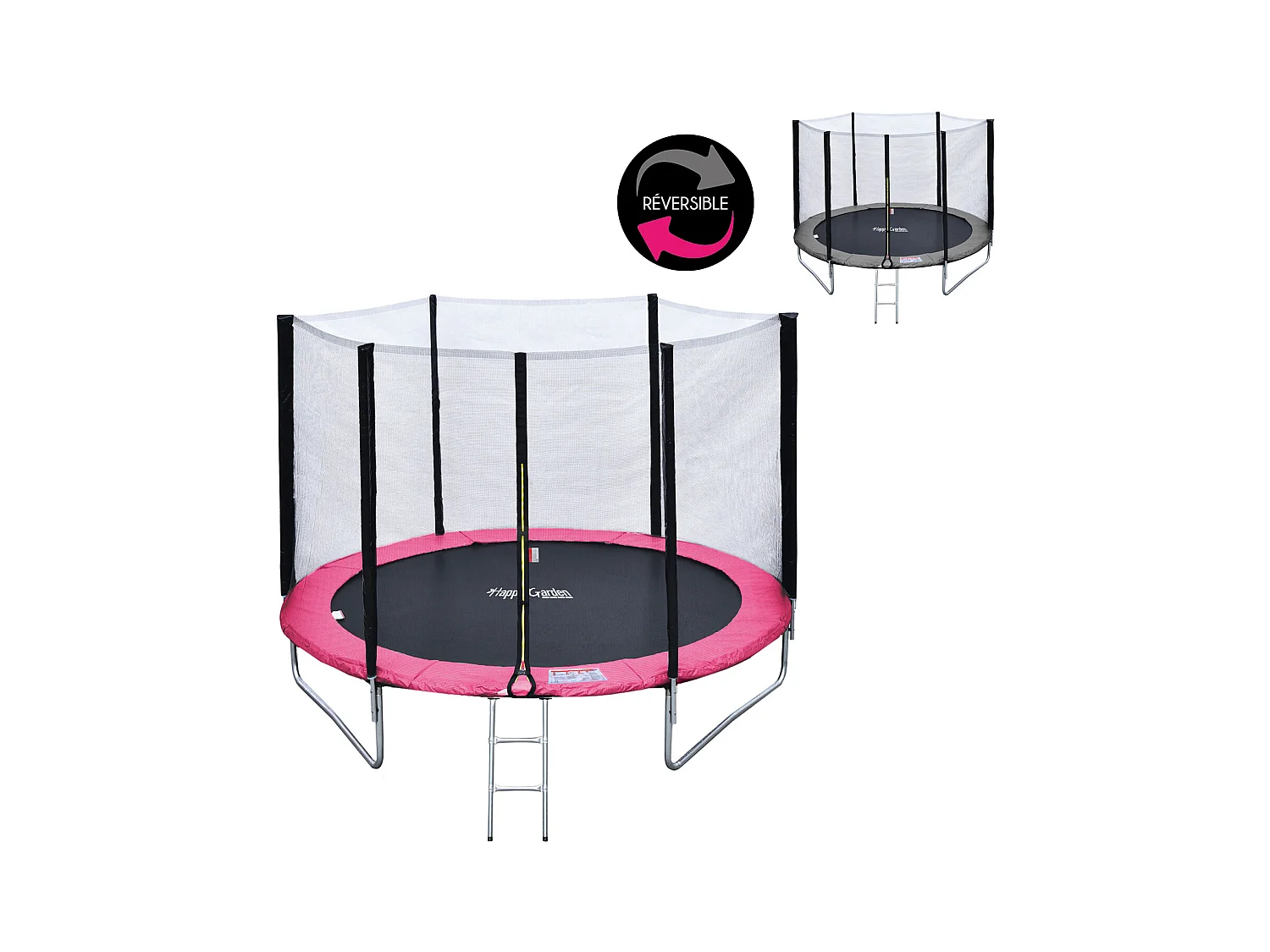 Premium Pack Trampolin 245cm wendbar grau / rosa CANBERRA + Netz, Leiter, Abdeckplane und Verankerungsset