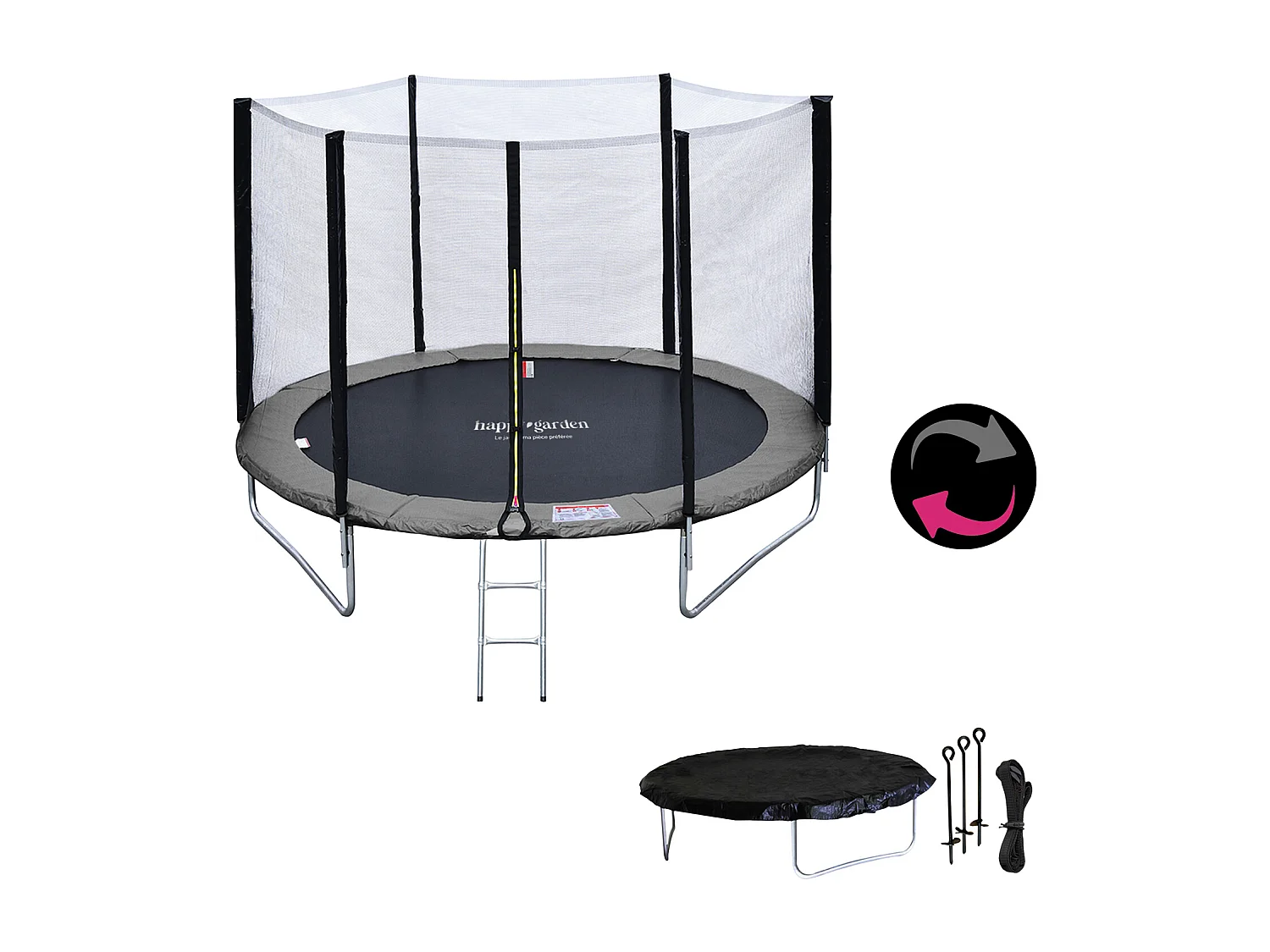 Trampoline 245cm réversible gris / rose CANBERRA + filet, échelle, bâche et kit d'ancrage - HAPPY GARDEN