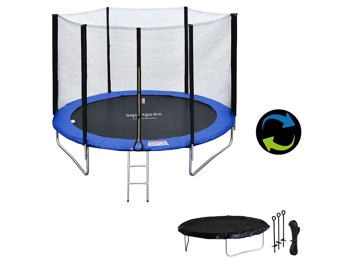 Trampoline 245cm omkeerbaar blauw / groen CANBERRA + net, ladder, hoes en verankeringsset