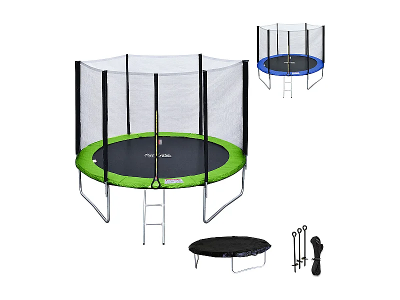 Pack Premium cama elástica de 305cm reversible verde/azul ADELAÏDE + red de seguridad + escalera + funda + kit de anclaje - HAPPY GARDEN
