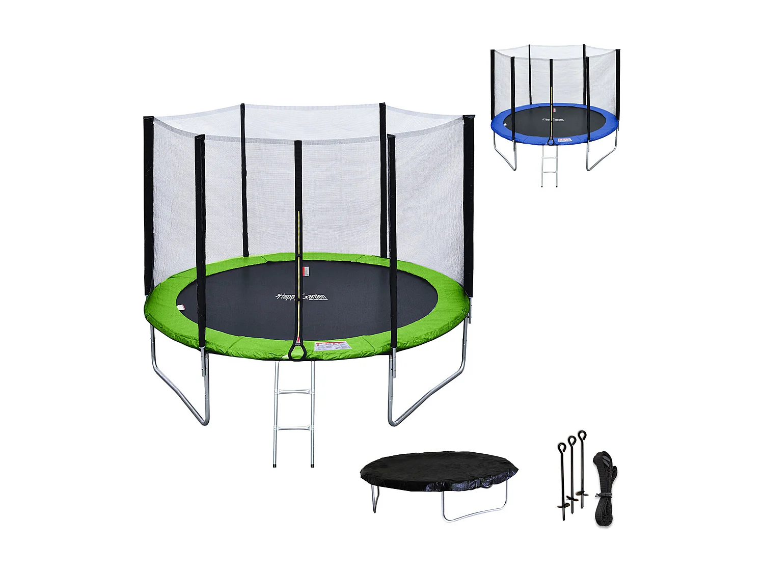 Pack Premium cama elástica de 305cm reversible verde/azul ADELAÏDE + red de seguridad + escalera + funda + kit de anclaje - HAPPY GARDEN