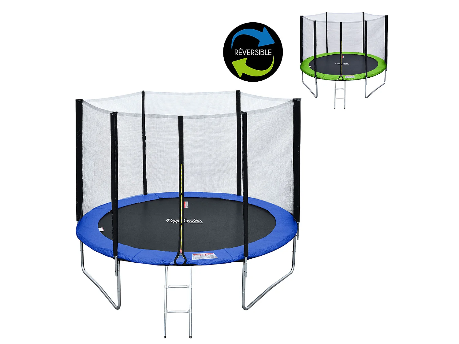 Cama elástica de 305cm reversible verde/azul ADELAÏDE con accesorios - HAPPY GARDEN