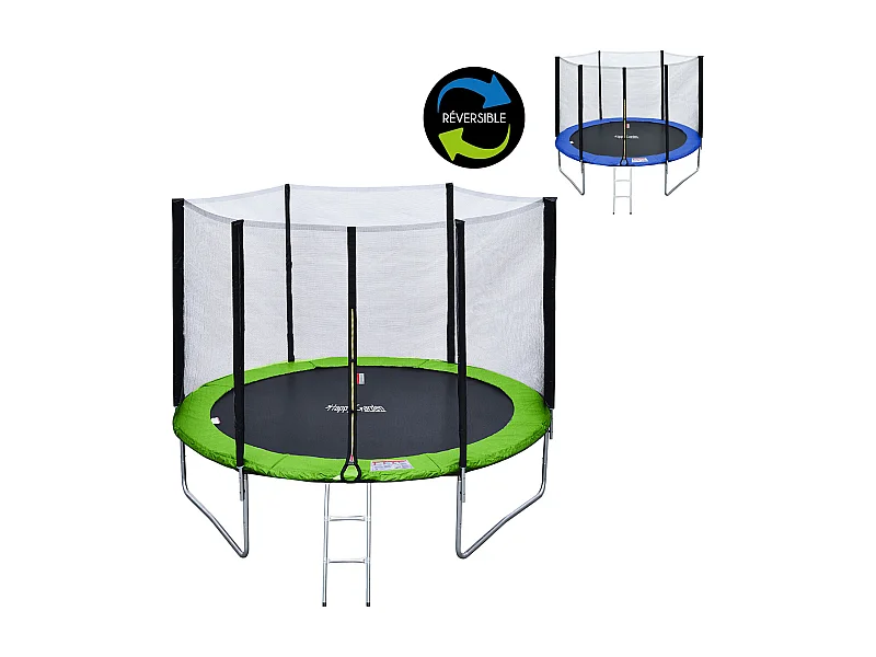 Pack Premium cama elástica de 305cm reversible azul/verde ADELAÏDE + red de seguridad + escalera + funda + kit de anclaje - HAPPY GARDEN