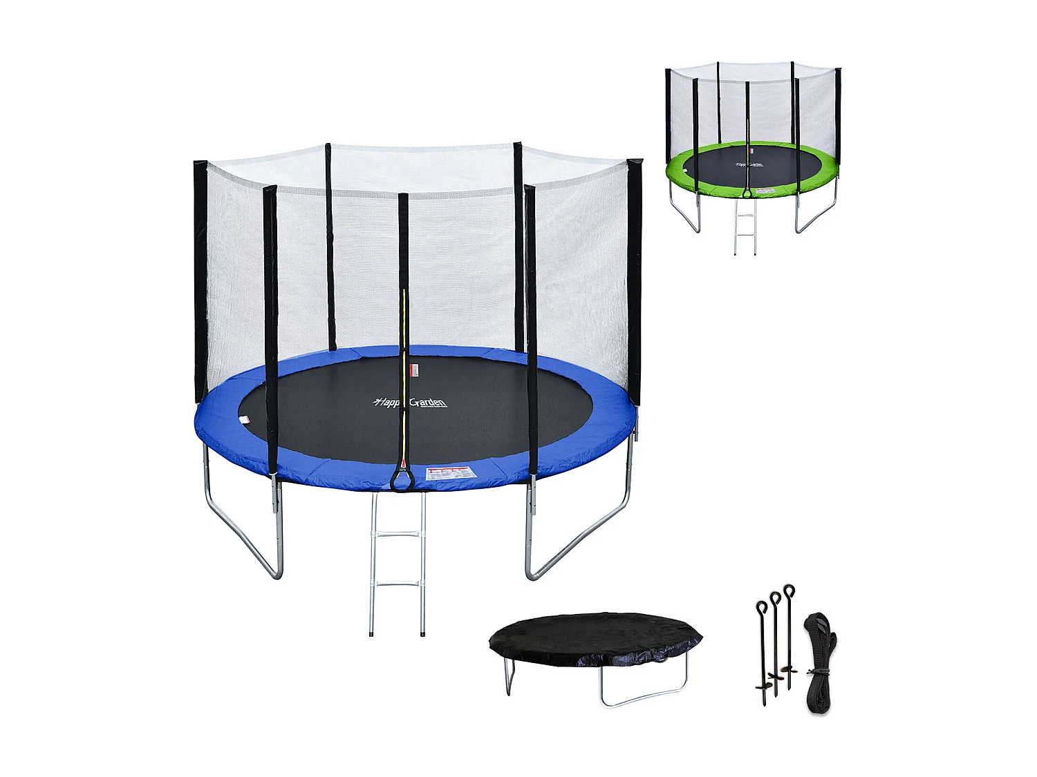 Trampoline 305cm réversible bleu / vert ADELAÏDE + filet, échelle, bâche et kit d'ancrage - HAPPY GARDEN