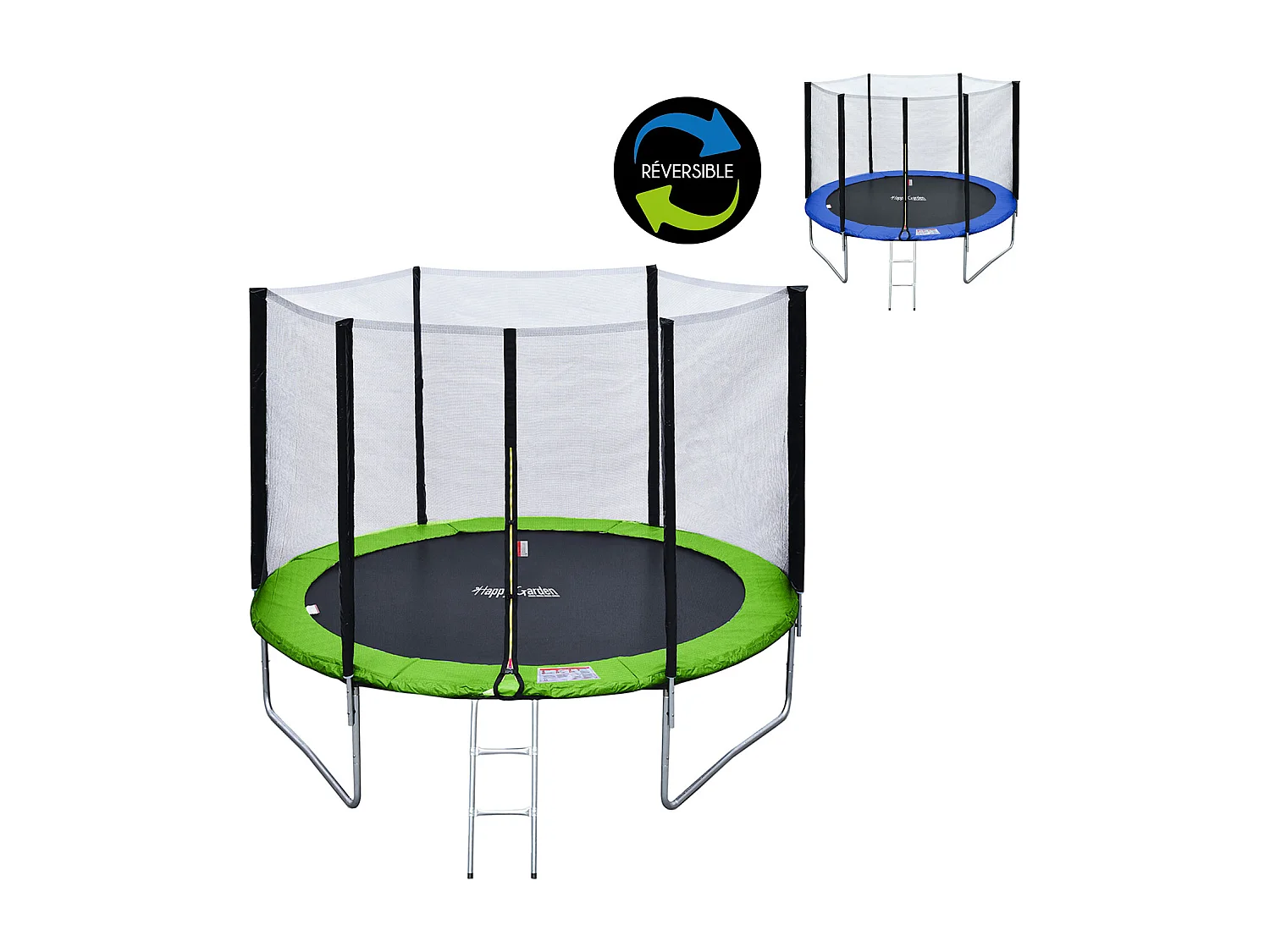 Premium Pack Trampoline 305cm omkeerbaar blauw/groen ADELAÏDE + net, ladder, hoes en verankeringsset