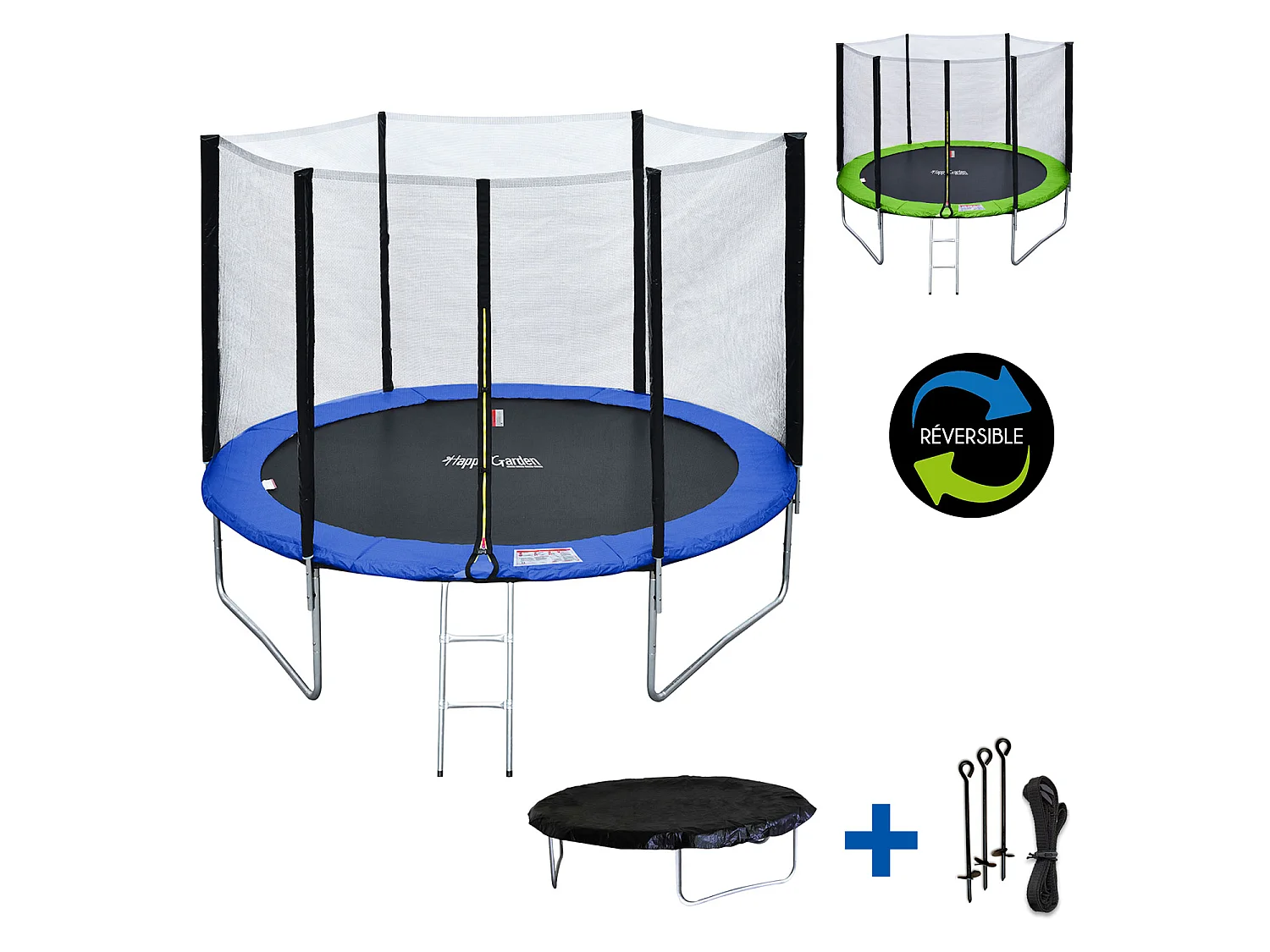 Cama elástica de 305cm reversible azul / verde ADELAÏDE + red de seguridad + escalera + funda + kit de anclaje - HAPPY GARDEN