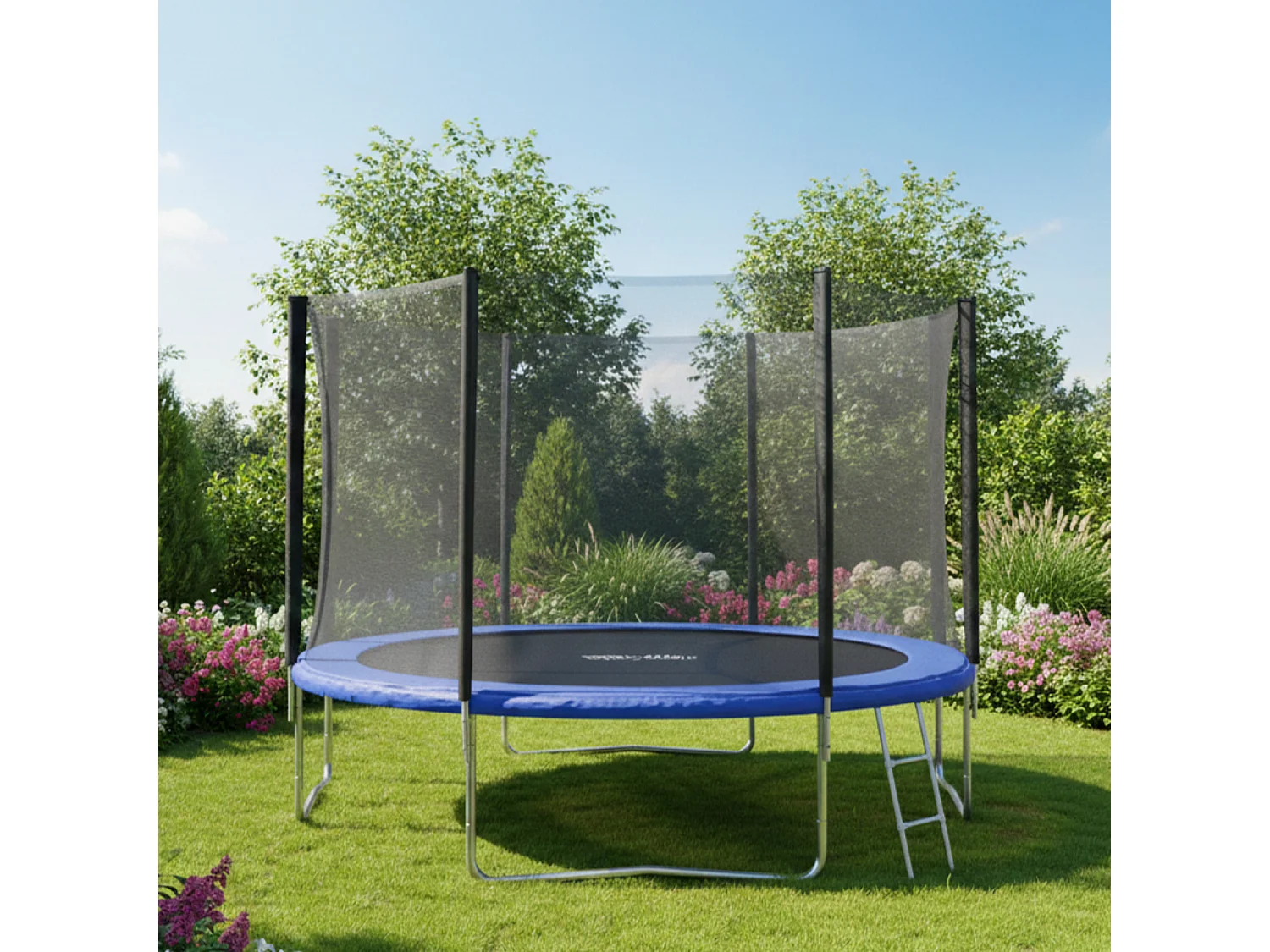 Cama elástica de 305cm reversible azul / verde ADELAÏDE + red de seguridad + escalera + funda + kit de anclaje - HAPPY GARDEN