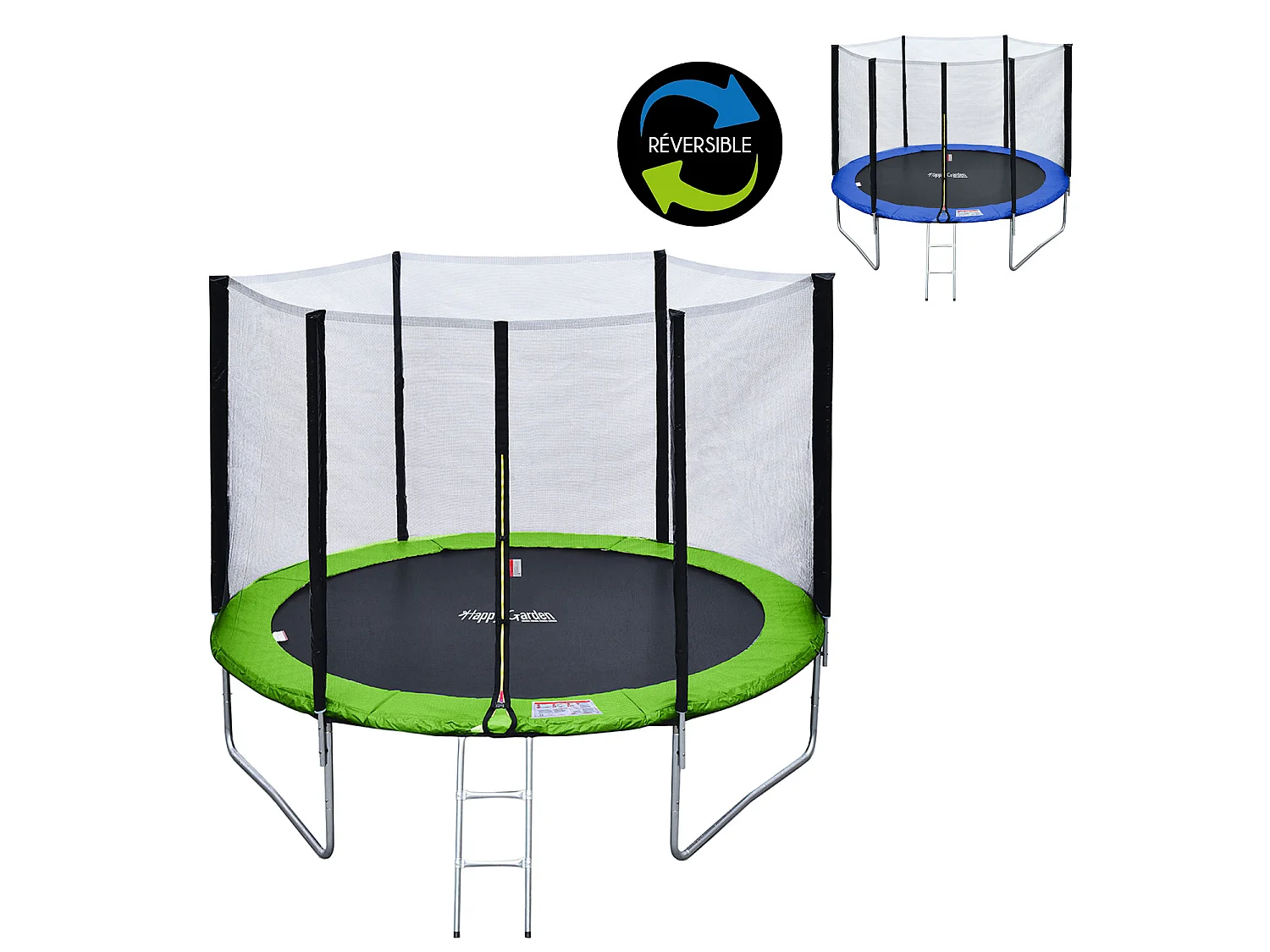 Cama elástica de 305cm reversible azul / verde ADELAÏDE + red de seguridad + escalera + funda + kit de anclaje - HAPPY GARDEN