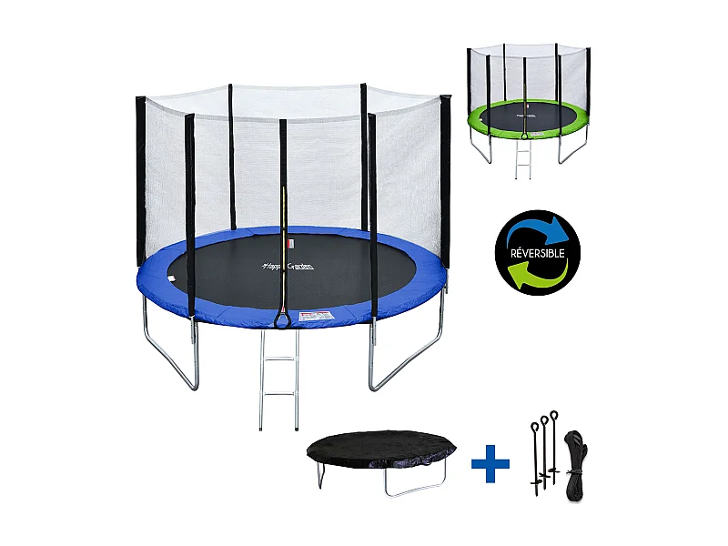Trampoline 305cm réversible bleu / vert ADELAÏDE + filet, échelle, bâche et kit d'ancrage - HAPPY GARDEN